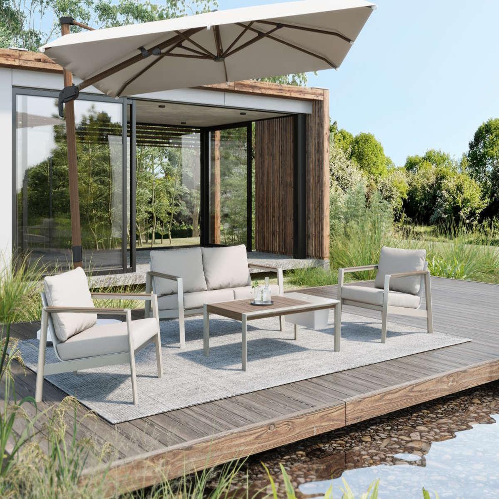 Voir la diapositive 2 : JARDIDECO Salon de jardin alu nouma beige - 4 places - jardideco