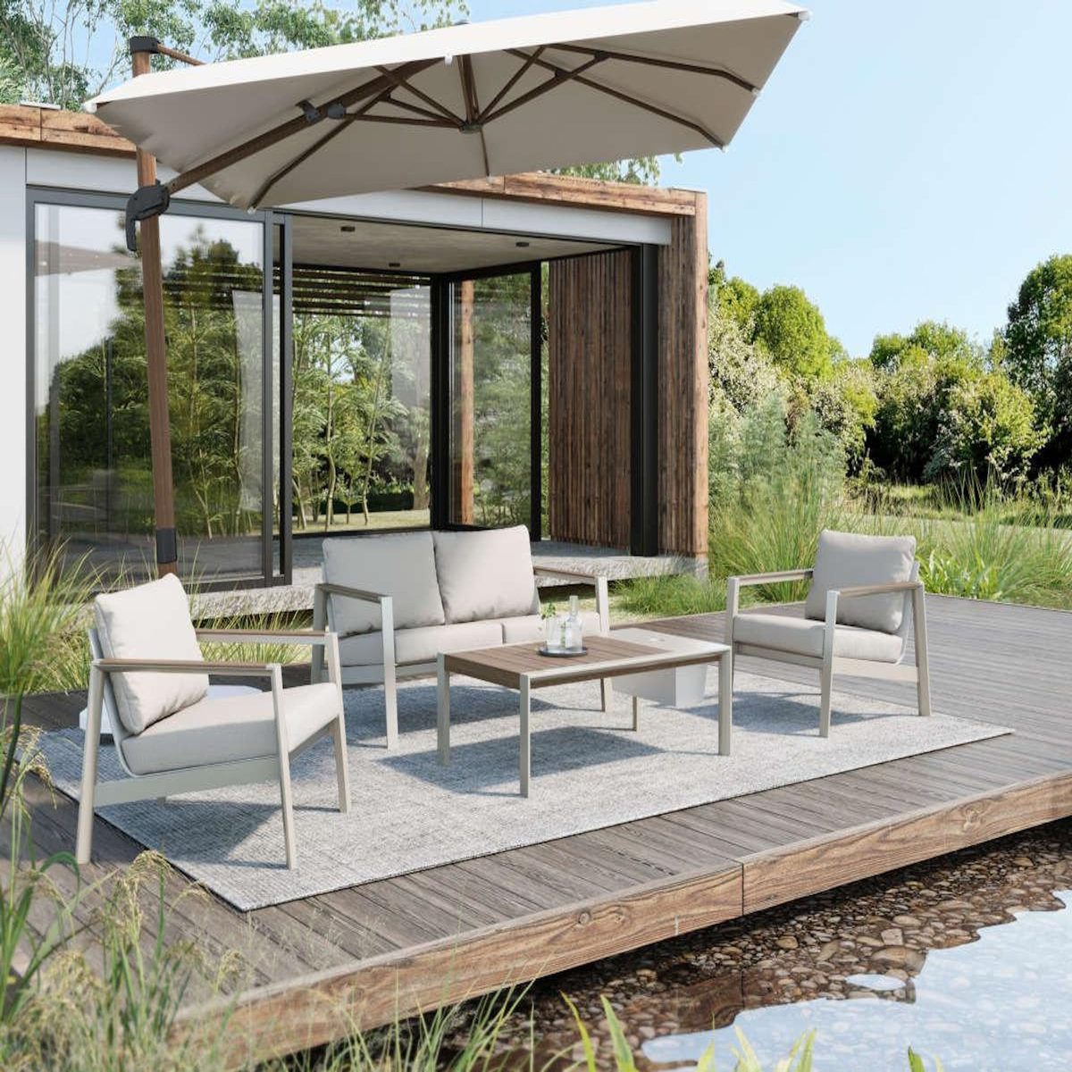 JARDIDECO Salon de jardin alu Nouma Beige - 4 places - Jardideco