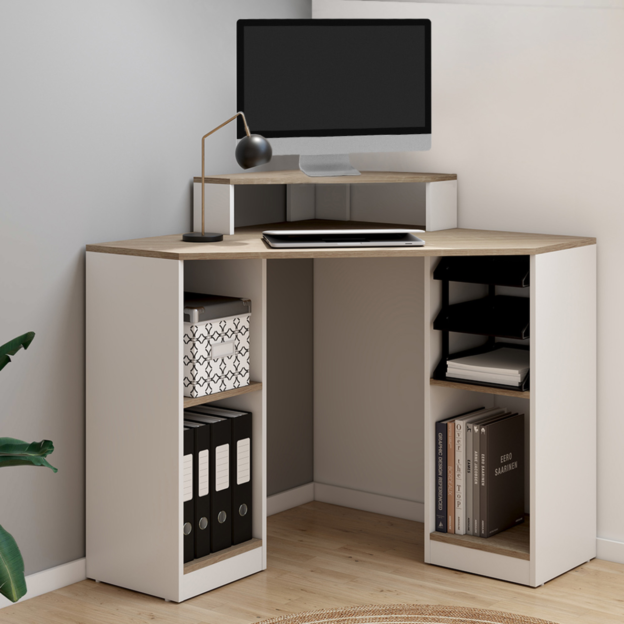 Voir la diapositive 2 : ID MARKET Bureau d'angle harry blanc et façon hêtre gain de place bureau informatique avec rangements
