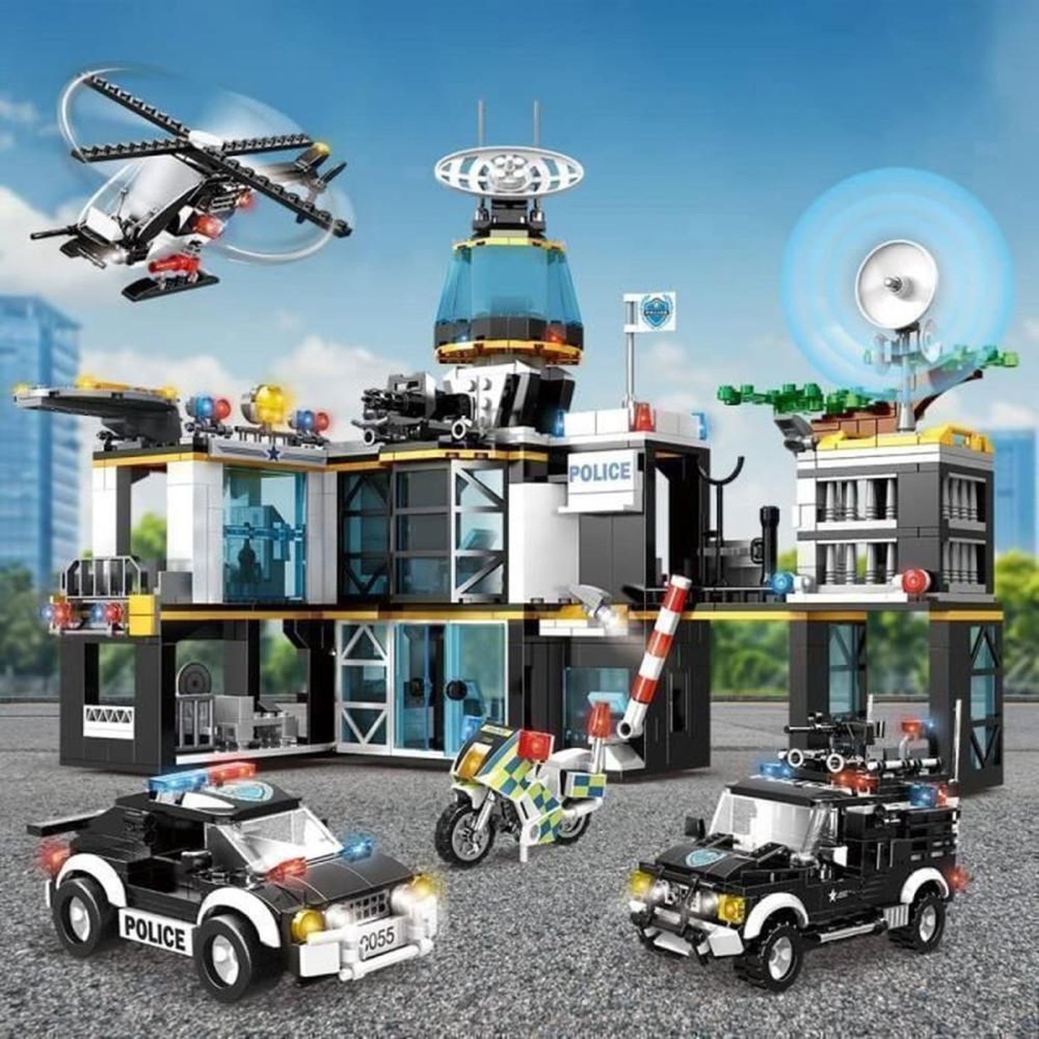 Voir la diapositive 4 : Coffret de construction Police Station 1261 pièces, station à deux étages, héliport, hélicoptère, voiture tout-terrain, moto, chien policier