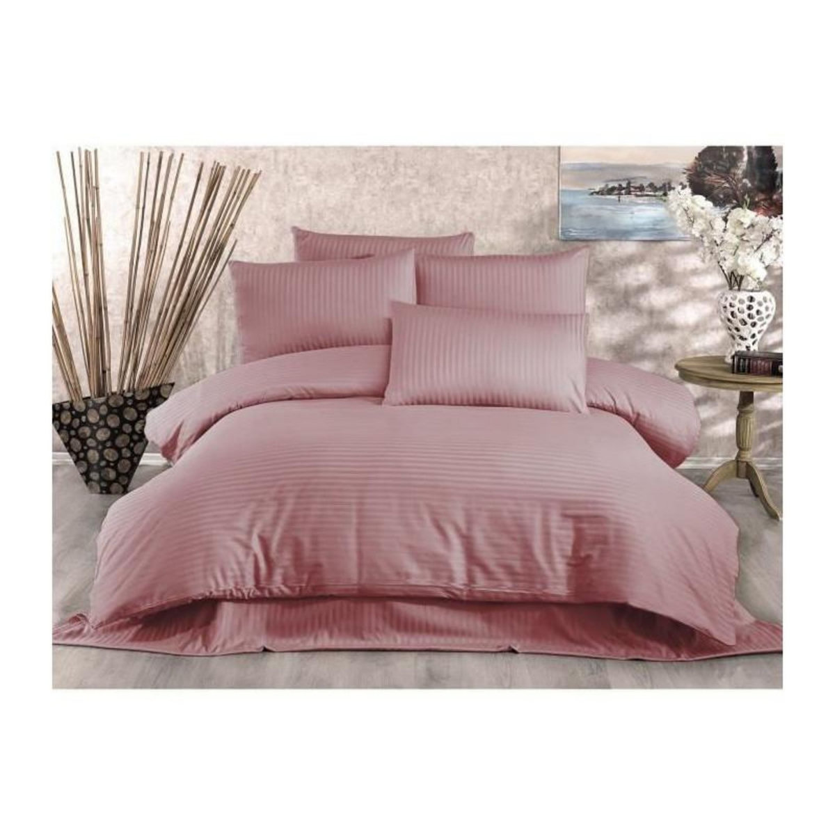 GENERIQUE Parure de lit - 1 housse de couette 220 x 240 cm + 2 taies d'oreiller 60 x 60 cm - 70% polyester, 30% coton - Poudre