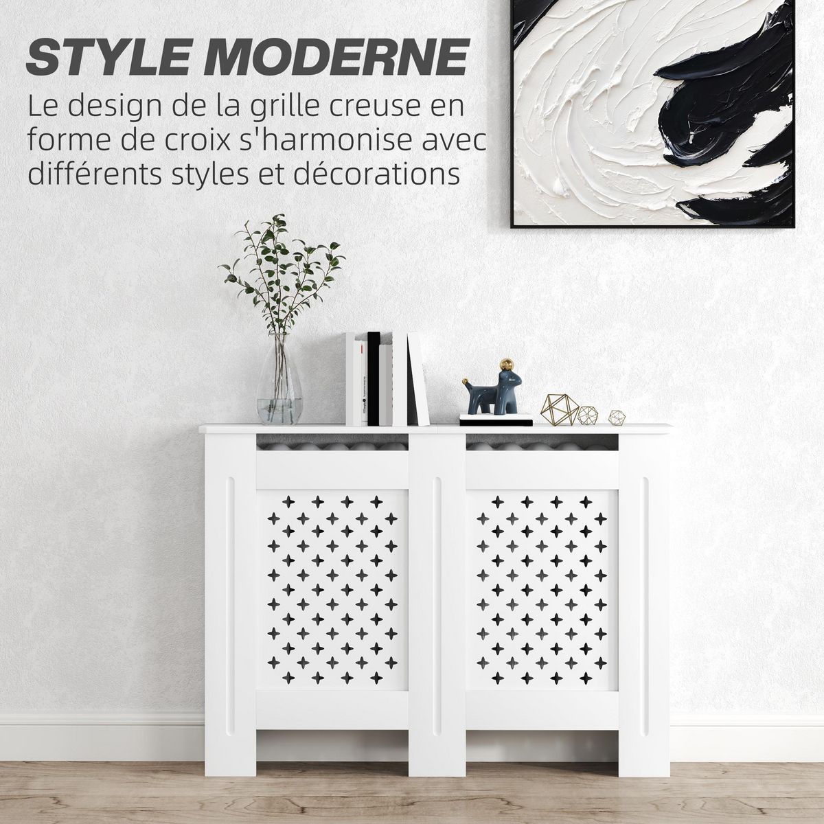 HOMCOM Cache-radiateur motif nid d'abeille - dim. 112L x 19l x 81H cm - MDF blanc