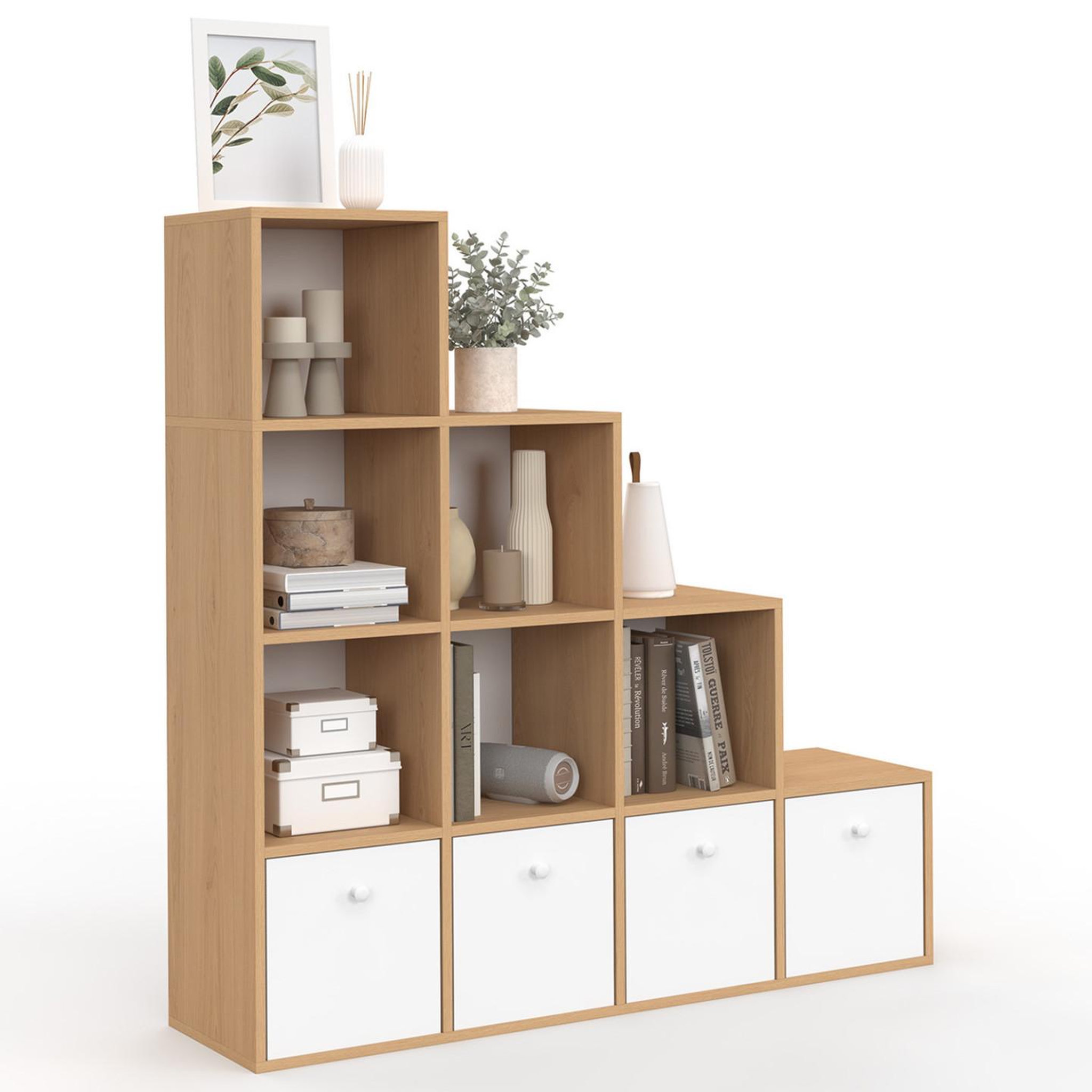 ID MARKET Meuble de rangement en escalier lorys 4 niveaux bois et blanc avec 4 tiroirs en tissu