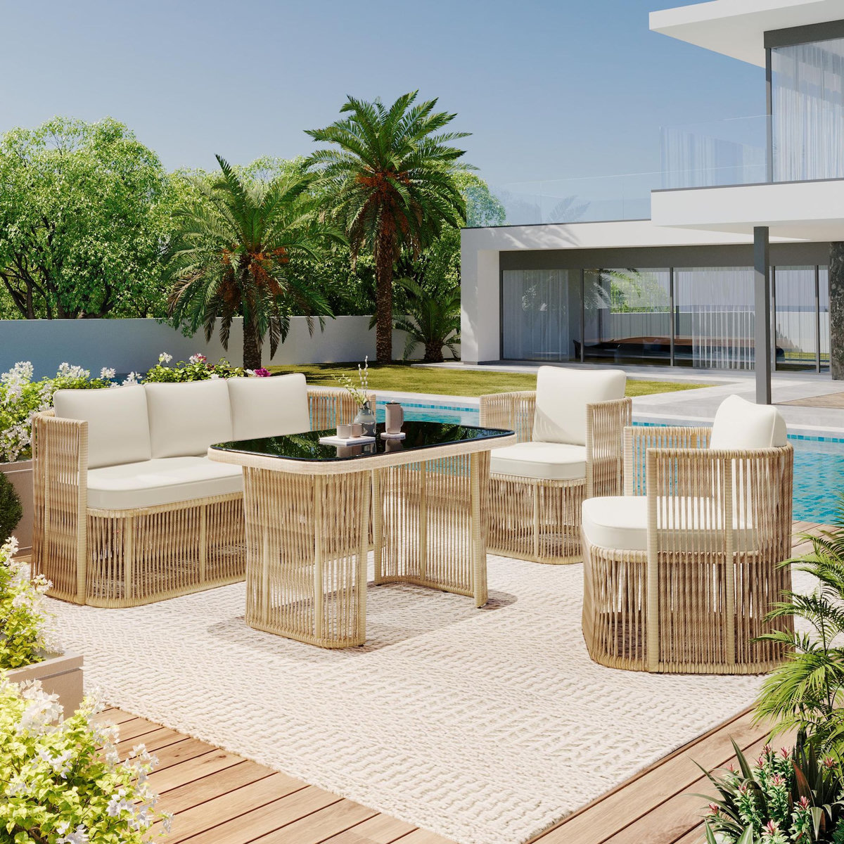 MERAX Salon de jardin 5 places avec canapé 3 places, 2 fauteuils et table verre,beige blanc