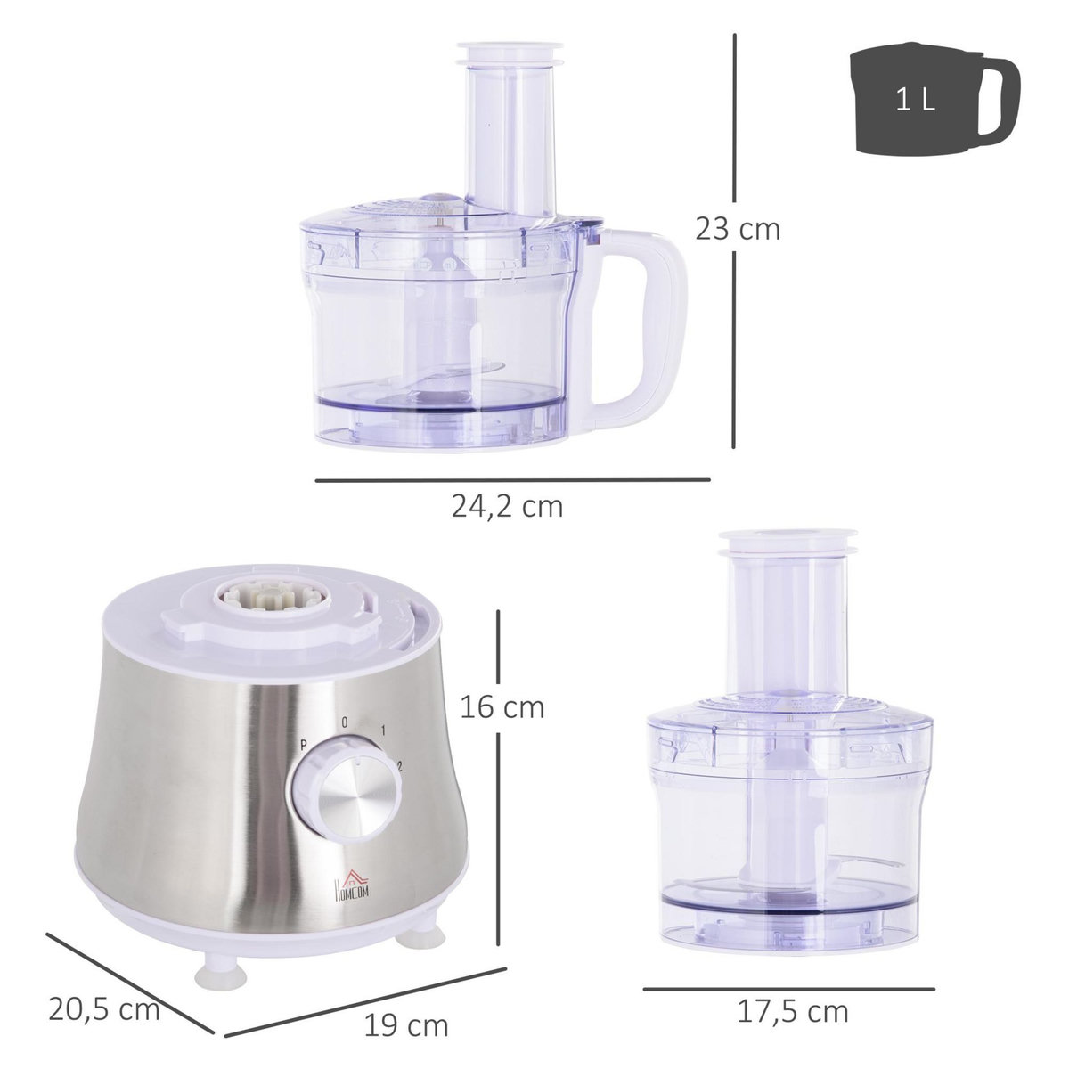 HOMCOM Robot multifonctions 500 W - robot de cuisine polyvalent - robot culinaire 1 L - hachoir, mixeur, trancheur, râpe - 2 vitesses, fonction pulse - acier inox. ABS blanc