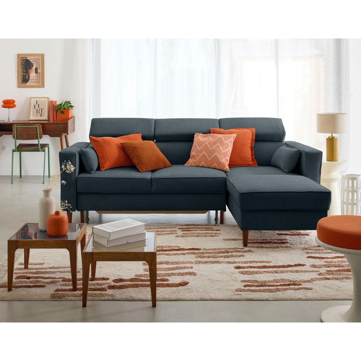 BEST MOBILIER Alicante - canapé d'angle réversible convertible avec têtières - coffre - 4 places - en tissu texturé