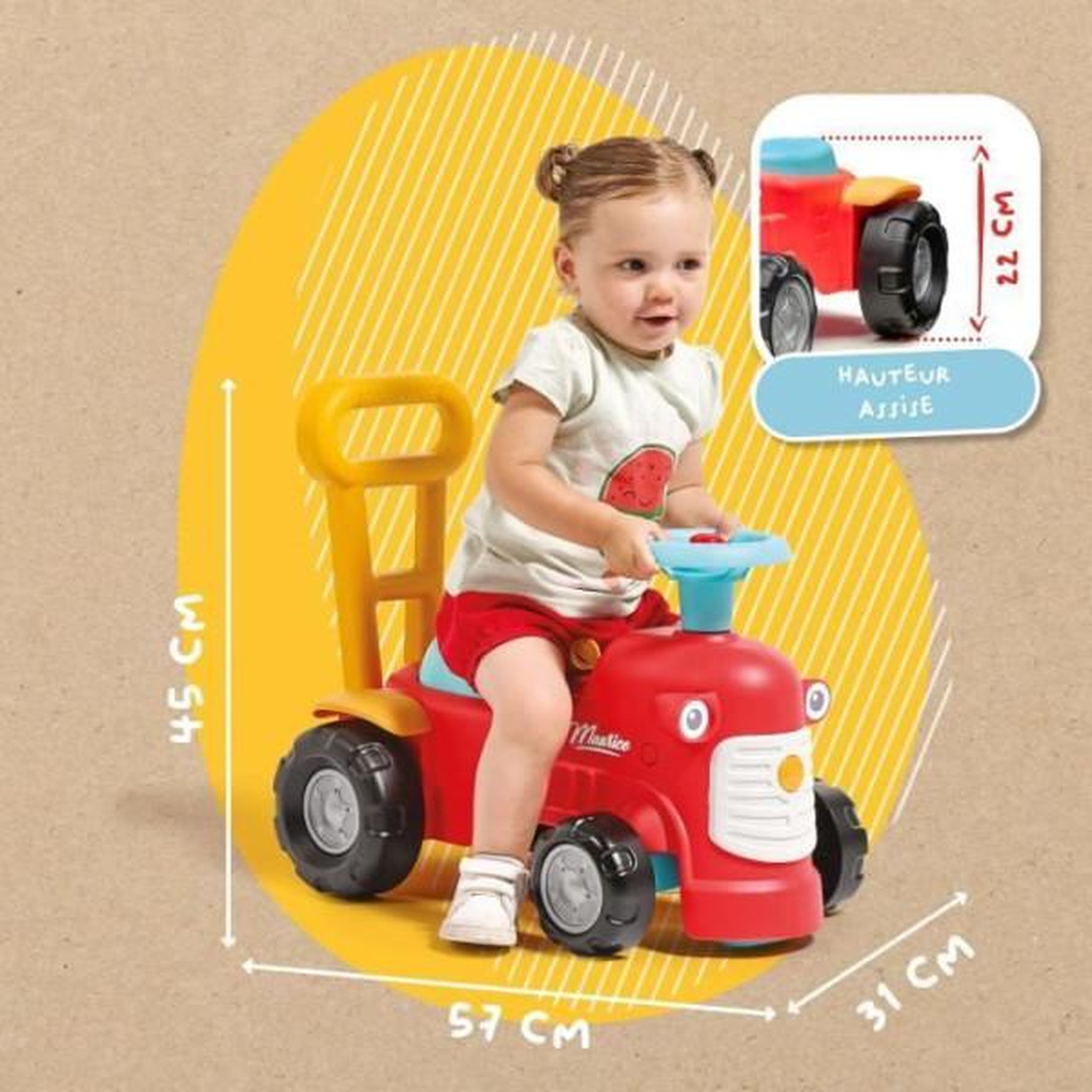 Voir la diapositive 5 : FALK Porteur Trotteur  tracteur Maurice - FALK - Volant directionnel, Assise ouvrante - Fabriqué en France - 90% de plastique recyclé - Des 1