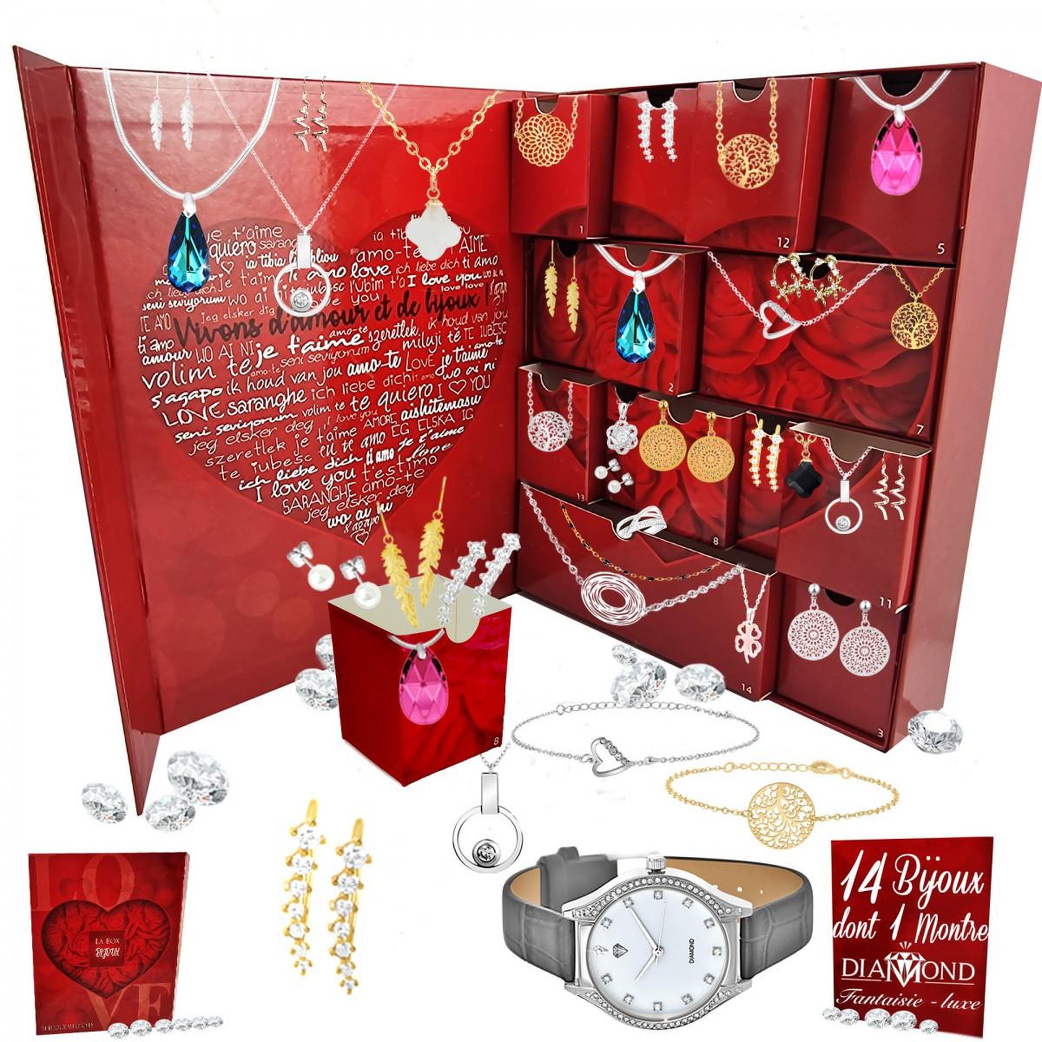 Voir la diapositive 1 : SC CRYSTAL Calendrier de l'avent SC Crystal - 13 bijoux et 1 montre ornée d'un véritable diamant