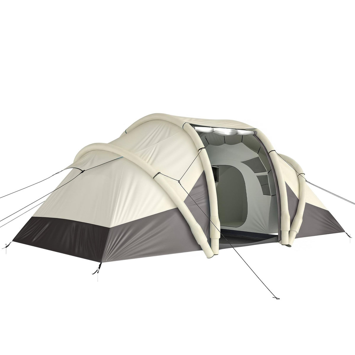 OUTSUNNY Tente gonflable camping 2-4 personnes 3 pièces auvent imperméabilité 3000mm crème taupe-gris
