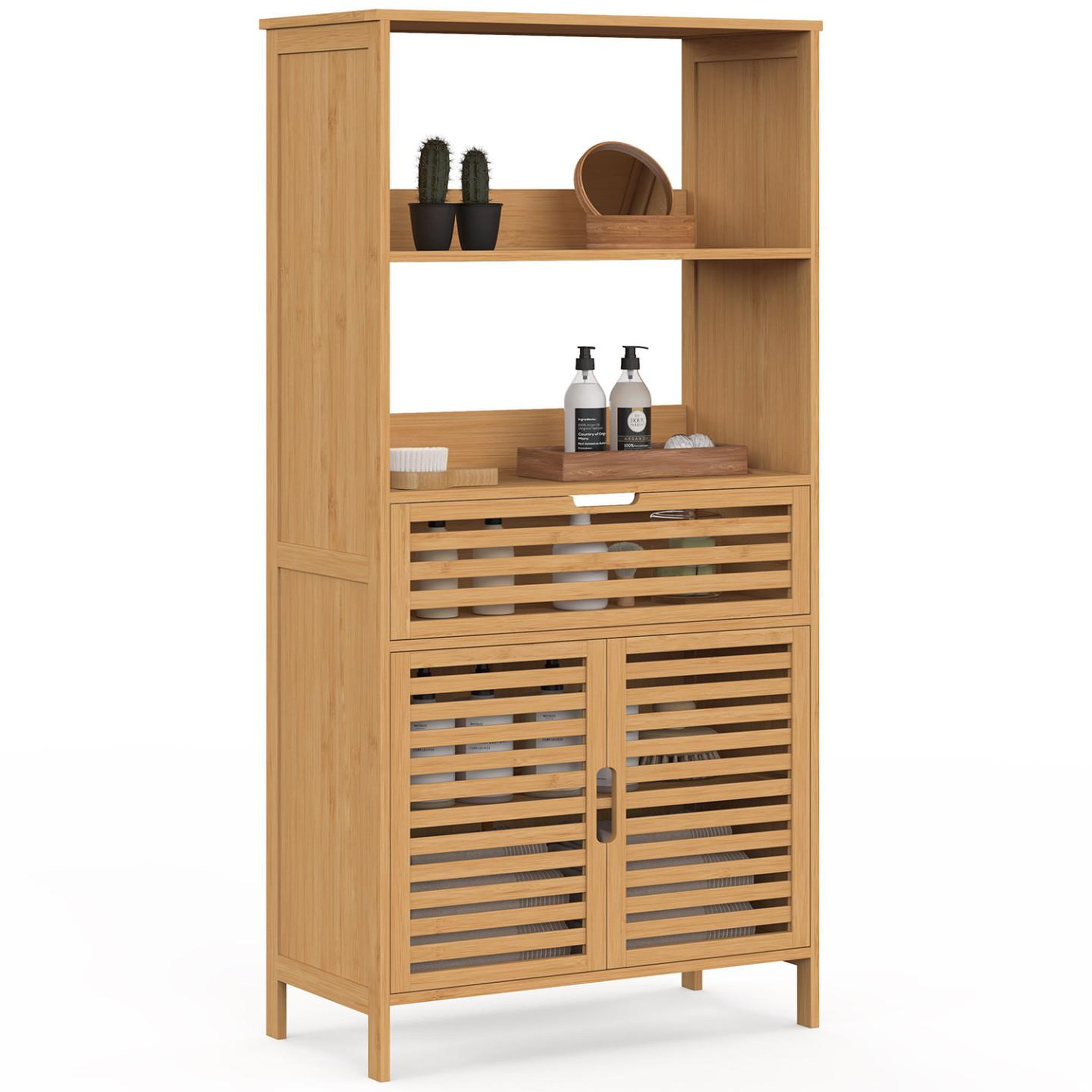 ID MARKET Meuble armoire salle de bain bambou BEA 2 portes et 1 tiroir avec étagères