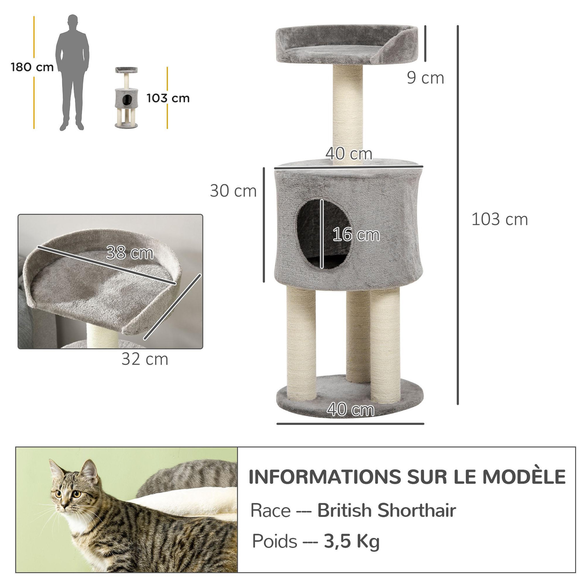Voir la diapositive 3 : PAWHUT Arbre à chat griffoirs sisal naturel arbre à grimper h.103 cm niche plateforme d'observation peluche grise