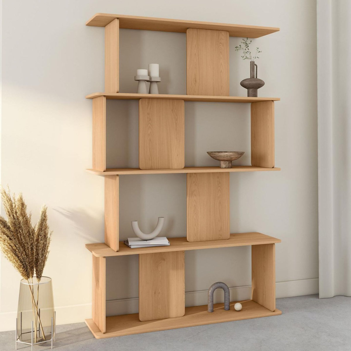 ID MARKET Etagère 4 niveaux CAPUCINE asymétrique façon hêtre design arrondi