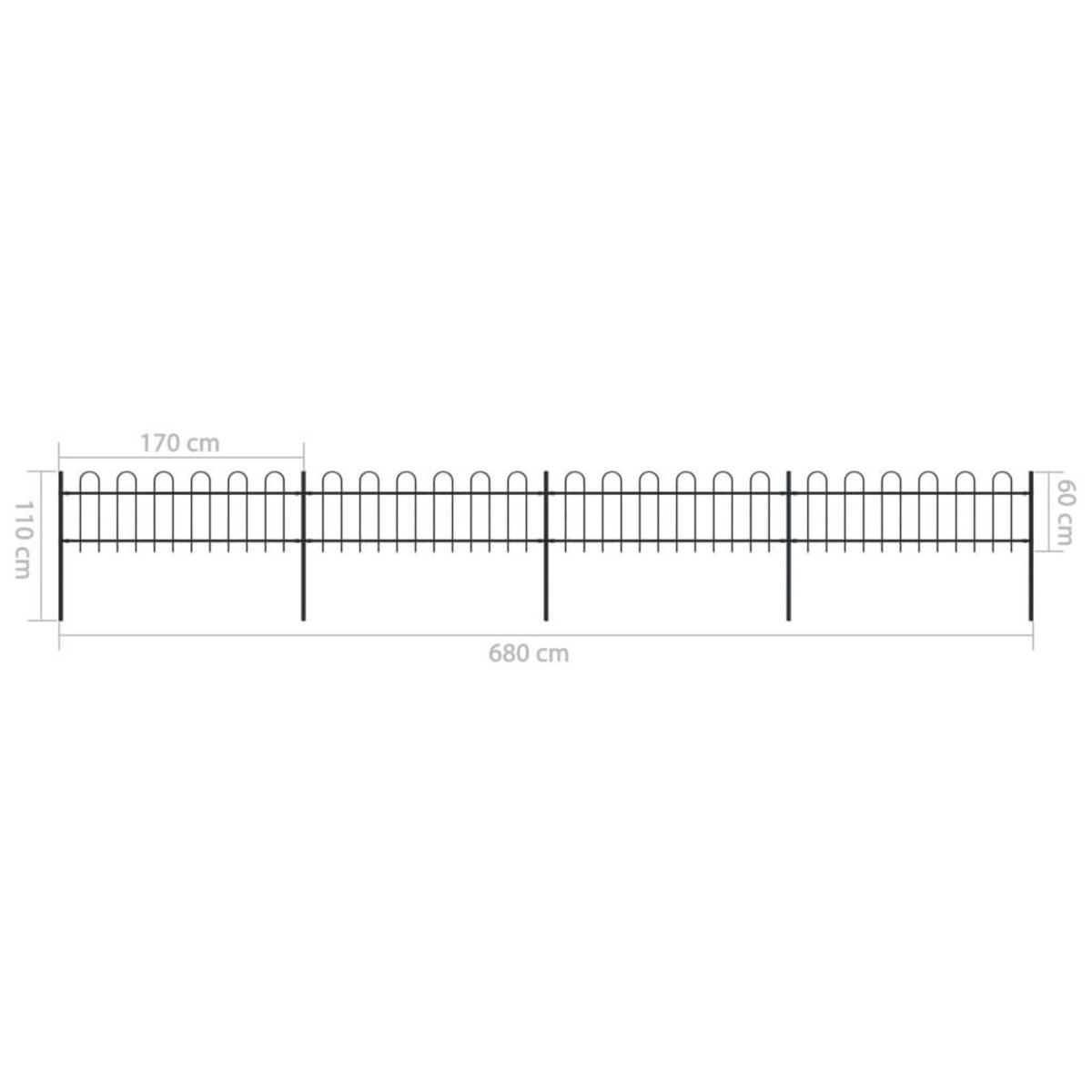 VIDAXL Cloture de jardin avec dessus en cerceau Acier 6,8 x 0,6 m Noir