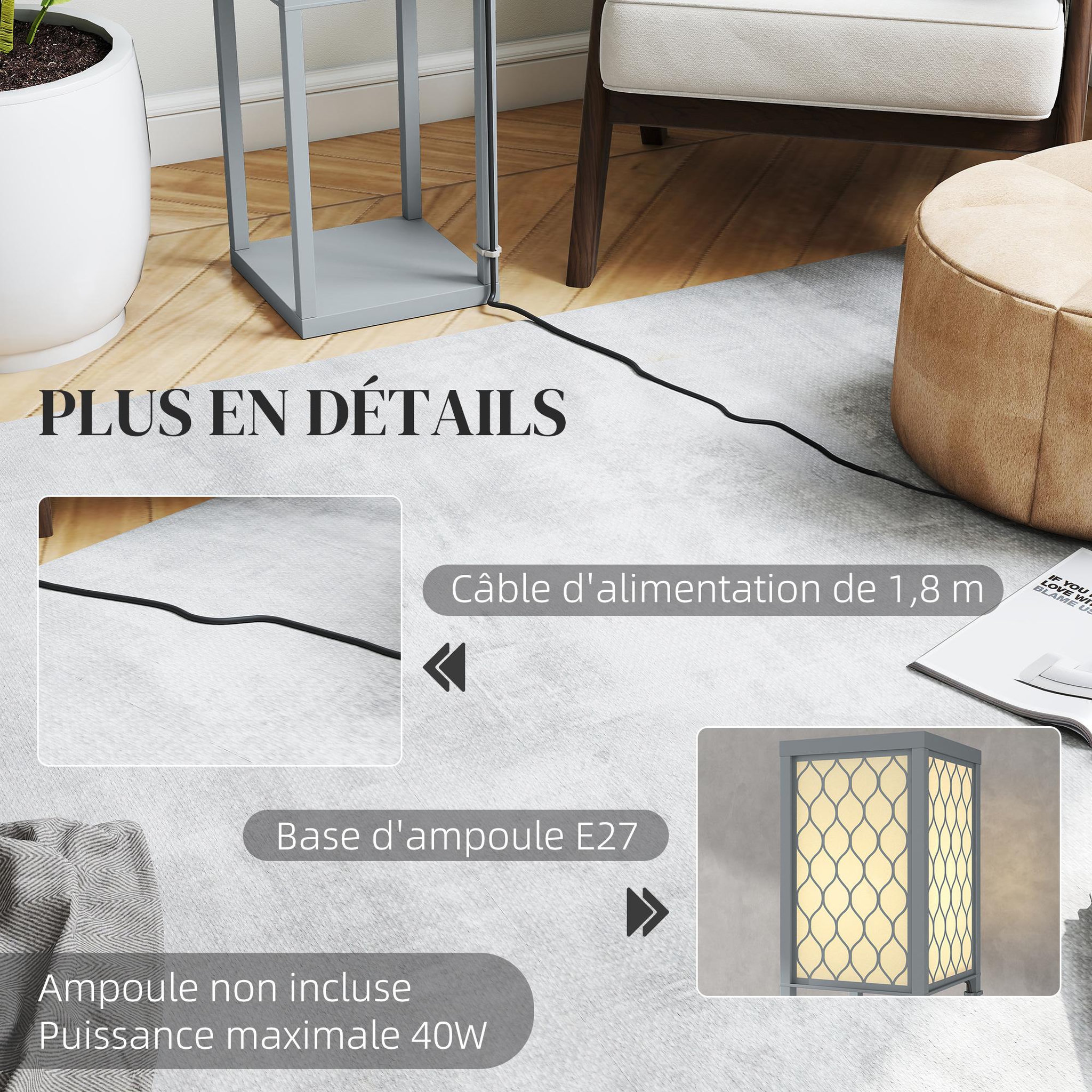 Voir la diapositive 6 : HOMCOM Lampadaire étagère lampe étagère 26l x 26l x 160h cm 3 étagères 4 niveaux mdf gris motif nid d'abeille