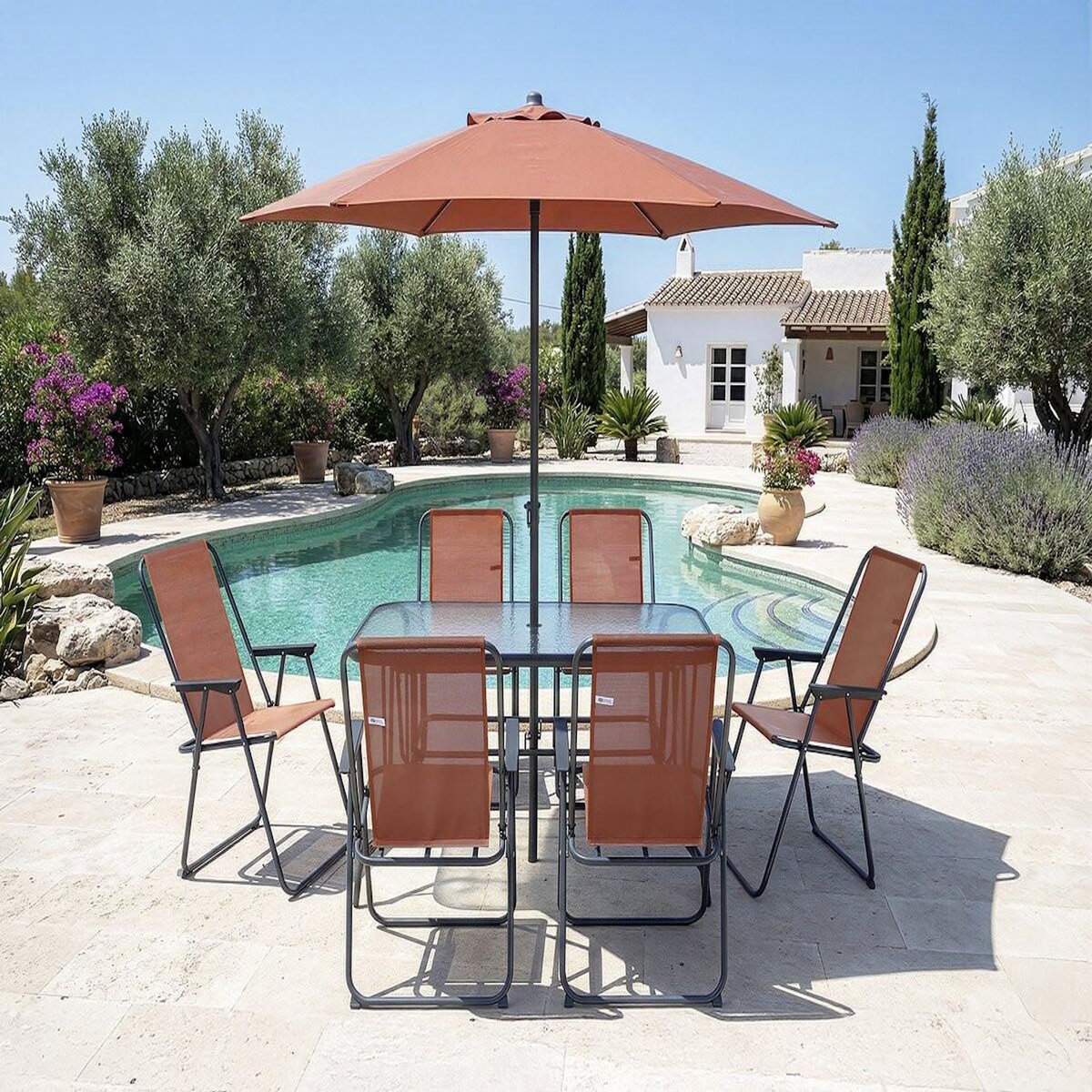 Habitat et Jardin Salon de jardin repas avec parasol en métal  Convivia  - 6 places - Terracotta