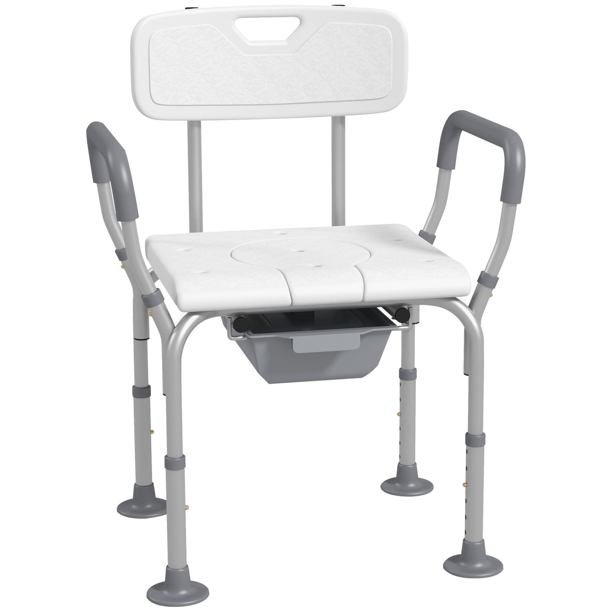 HOMCOM Chaise de douche chaise percée 2 en 1 - hauteur réglable, antidépante - seau de toilette, accoudoirs - alu hdpe blanc