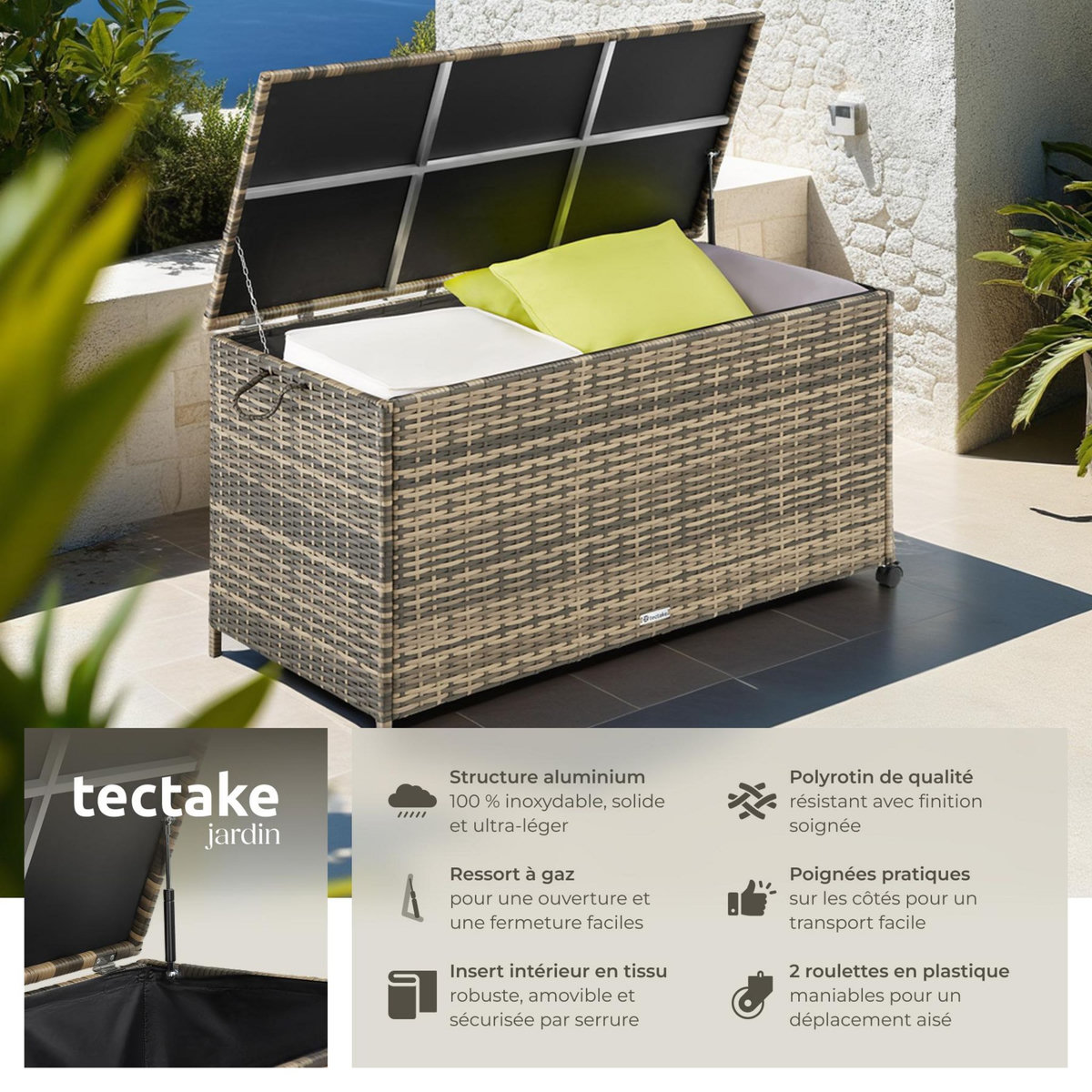 tectake Coffre de jardin caisse de rangement pour coussins 297 l, avec cadre en aluminium et tressage en rotin marron naturel