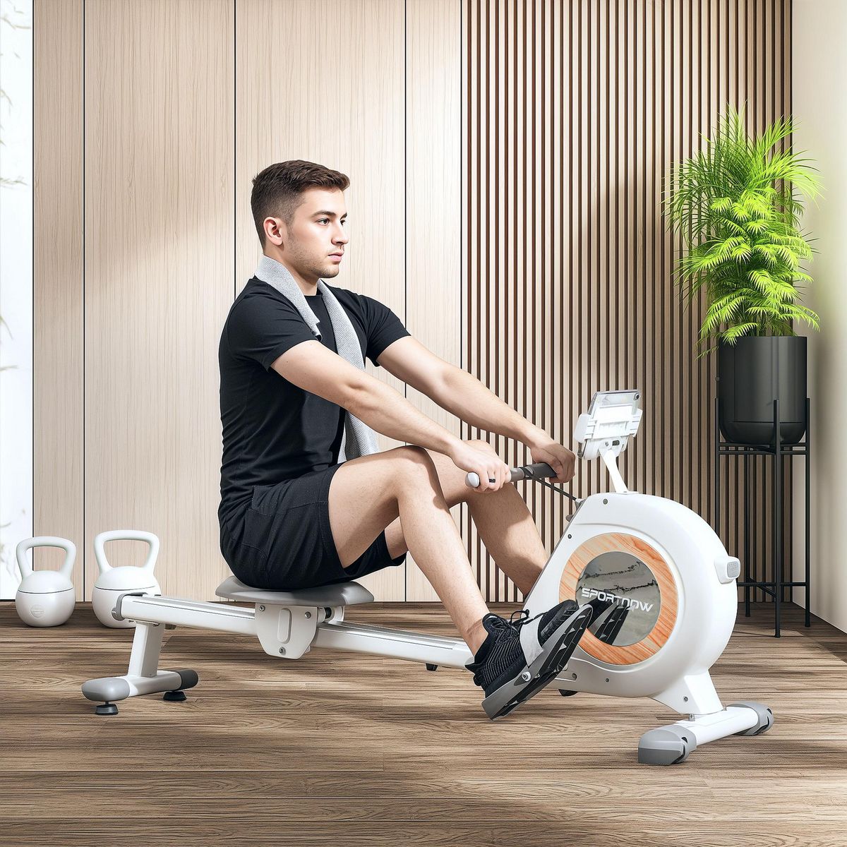 HOMCOM Rameur magnétique 16 niv. résistance écran LCD support smartphone rangement vertical blanc gris