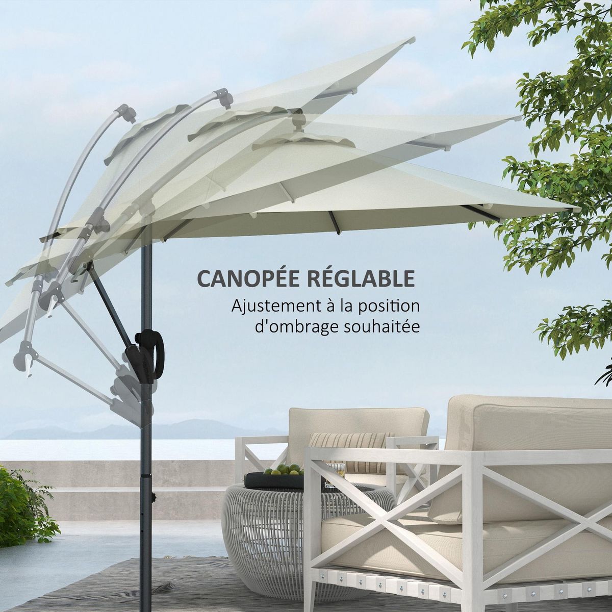 OUTSUNNY Parasol déporté octogonal inclinable Ø 2,93 x 2,60 m avec pied métal époxy alu crème