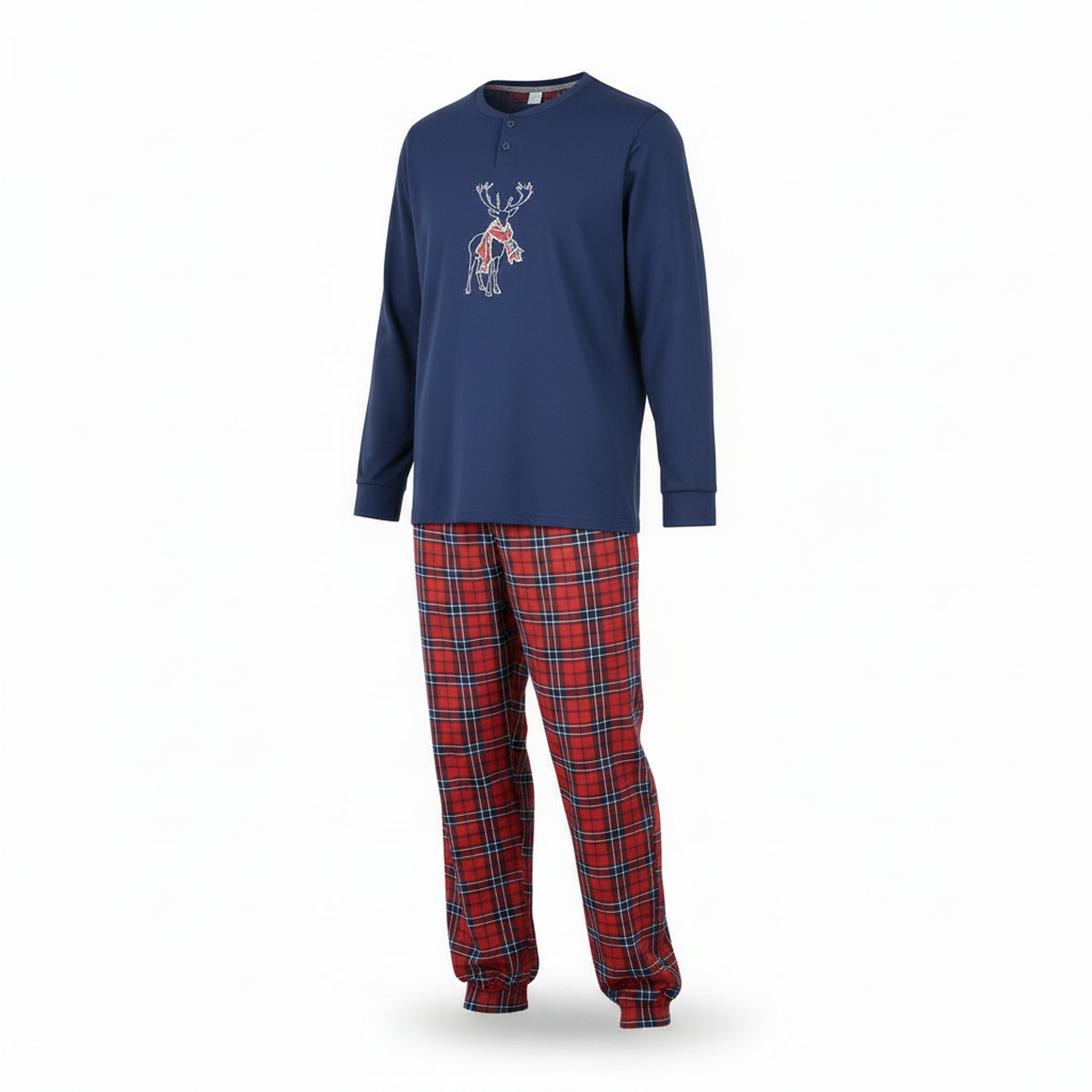 OZABI Ozabi ensemble pyjama homme coton majoritaire broderie cerf écossais. Coloris disponibles : Bleu, Vert