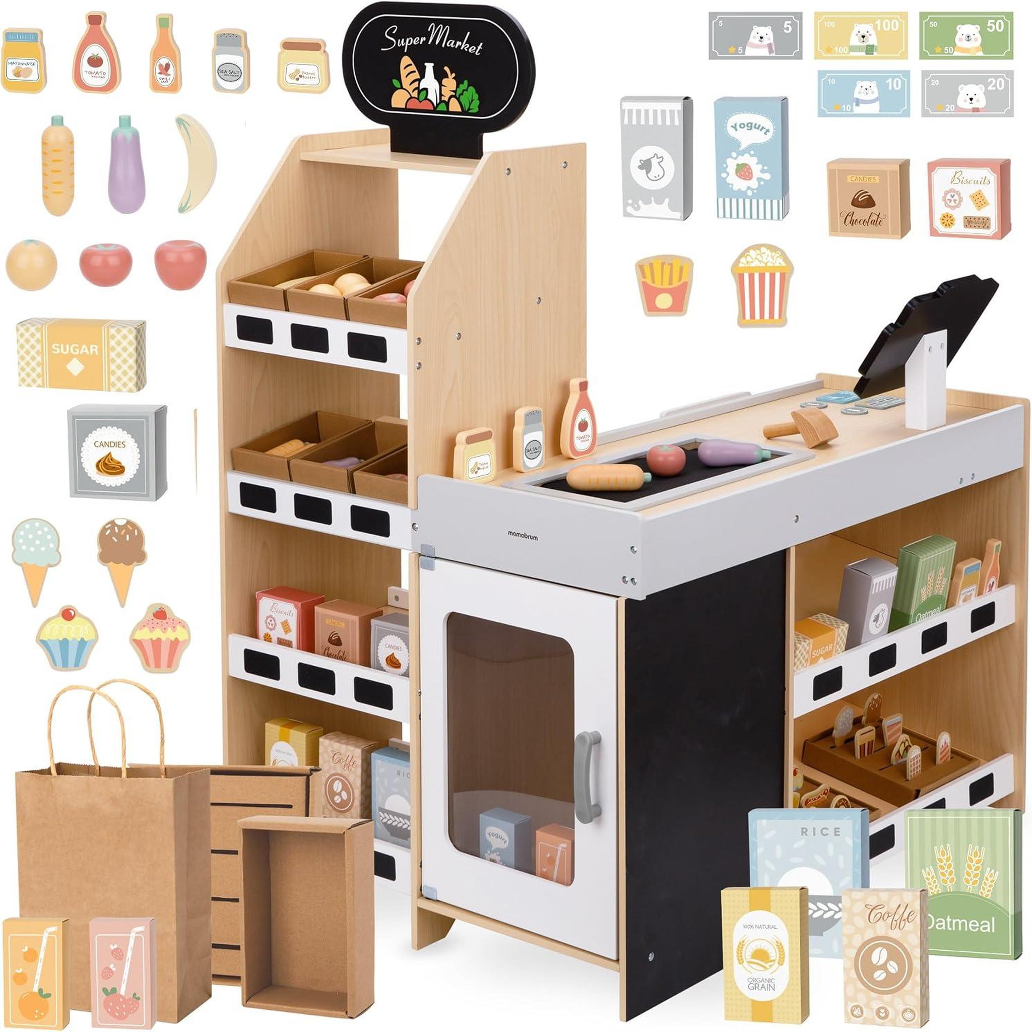 MAMABRUM Marchande en Bois Stand de Jeu Éducatif pour Enfants avec Accessoires, Fruits & Légumes