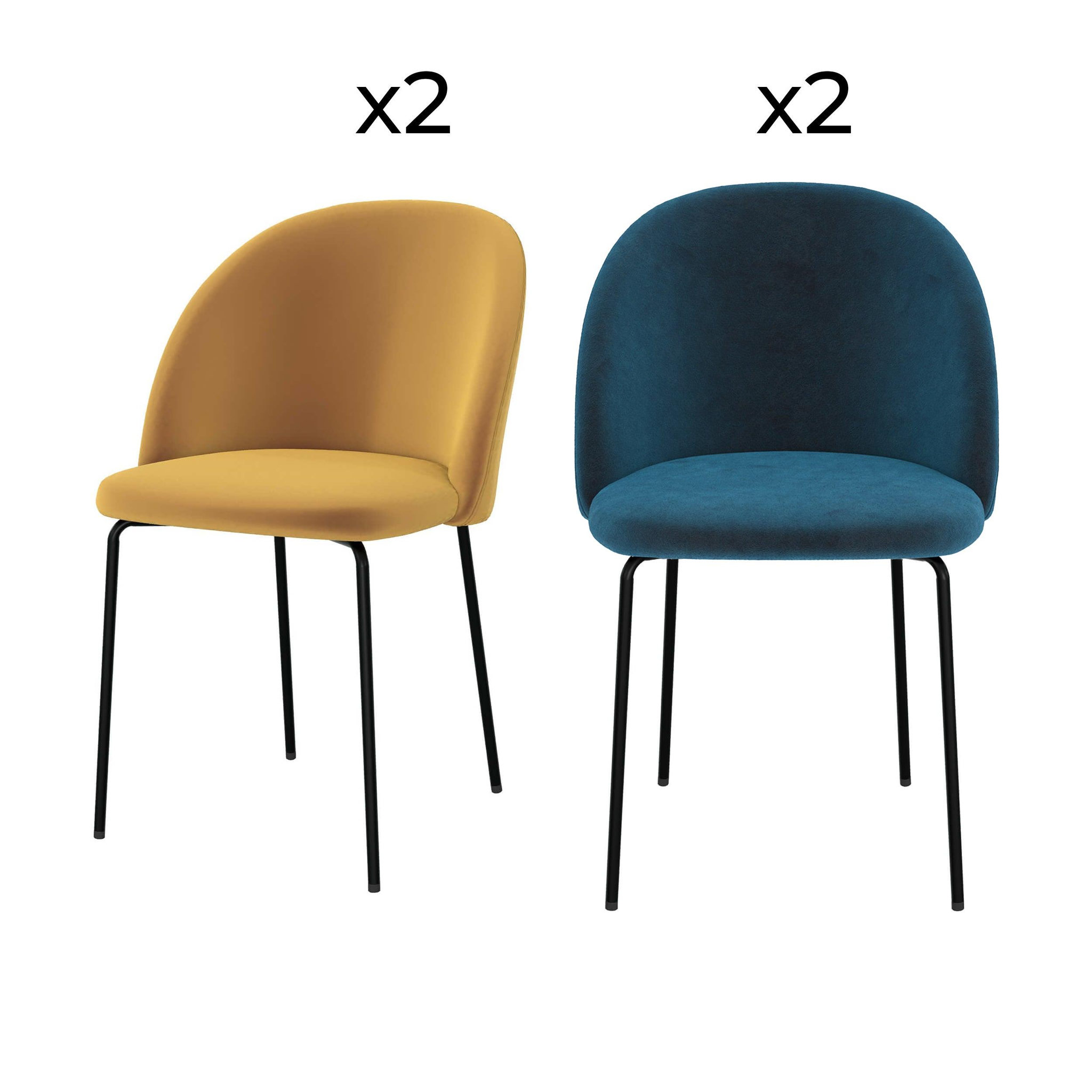 MAISON PAVANE Pack 4 chaises en velours jaune moutarde et bleu foncé-karl