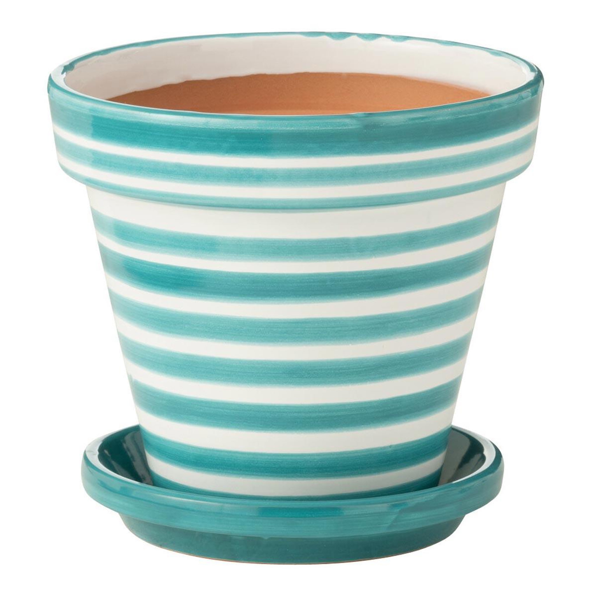 J-LINE Pot Avec Soucoupe en Céramique  Granada Rayure  27cm Bleu Aqua