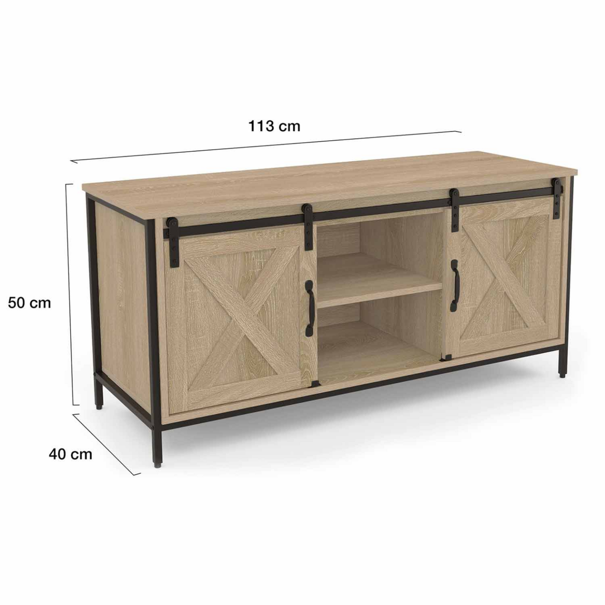 ID MARKET Meuble TV 113 cm QUEBEC 2 portes granges coulissantes design industriel