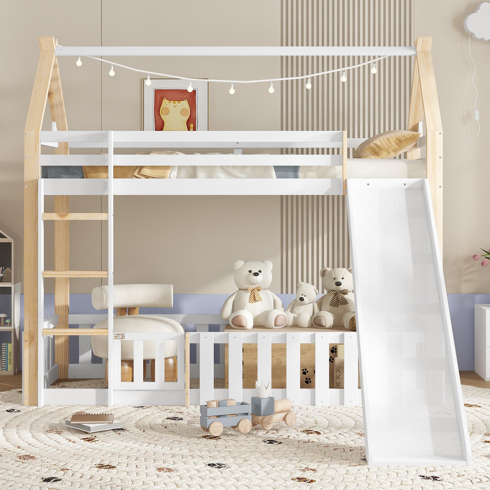 Voir la diapositive 2 : MERAX Lit superposé 90x200cm coloris blanc+naturel pin et mdf