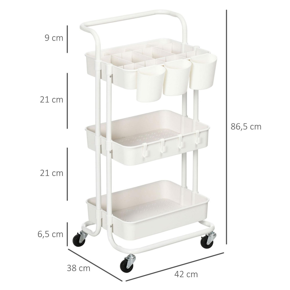 HOMCOM Desserte de cuisine - 3 étagères avec rebords - 4 crochets, 3 pots suspendus - acier ABS