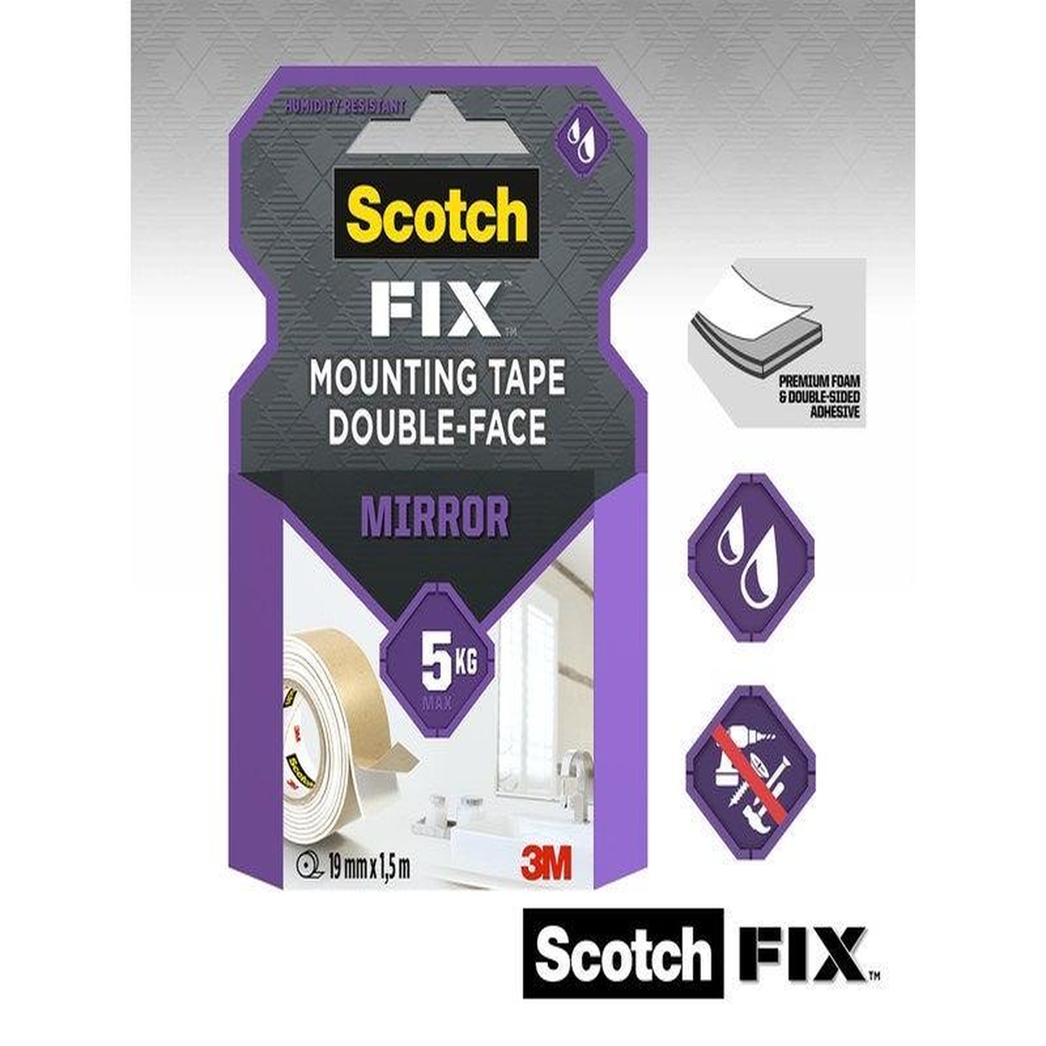 CENTRALE BRICO Ruban adhésif double face miroir,3M, L.1.5 m x l.19 mm