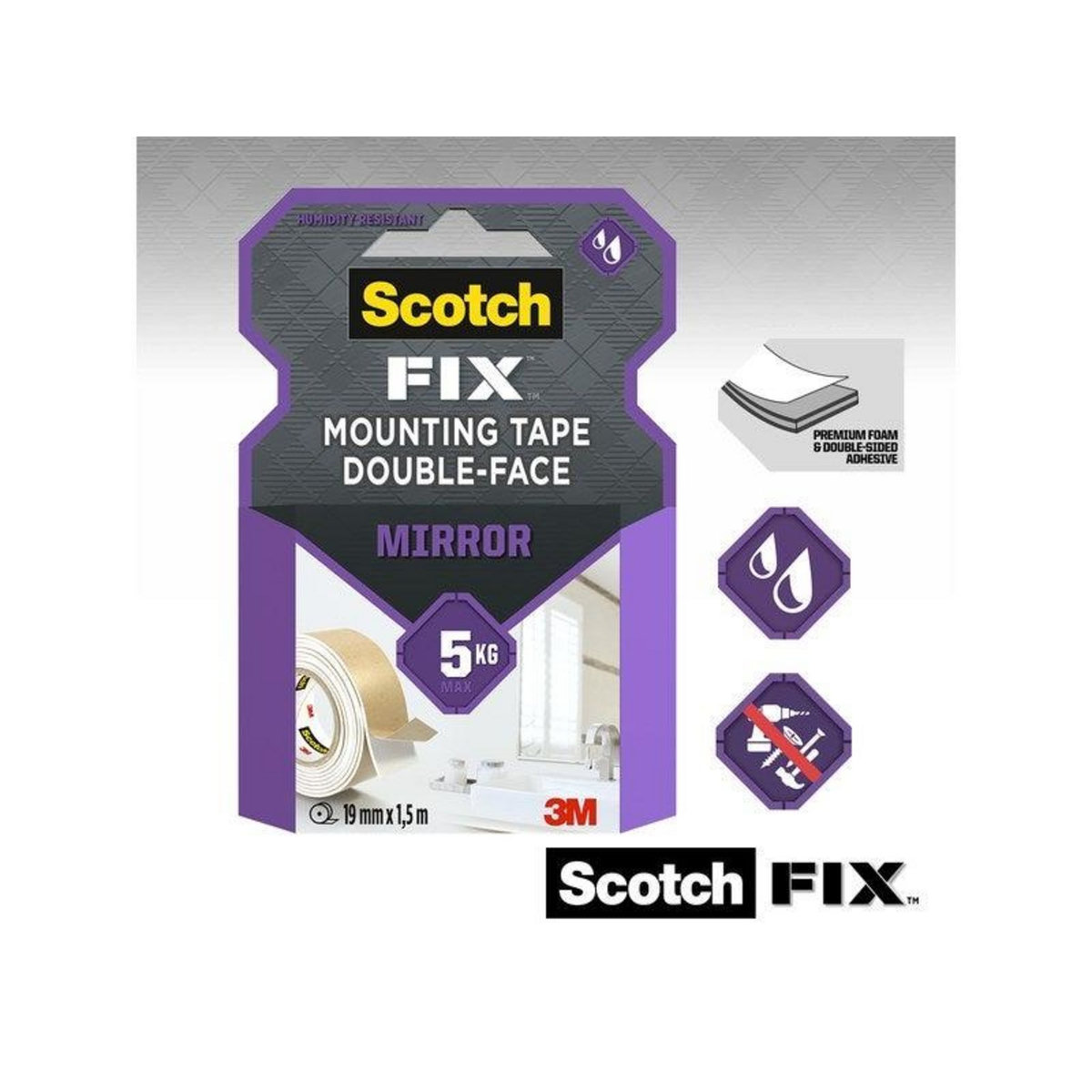 CENTRALE BRICO Ruban adhésif double face miroir,3M, L.1.5 m x l.19 mm