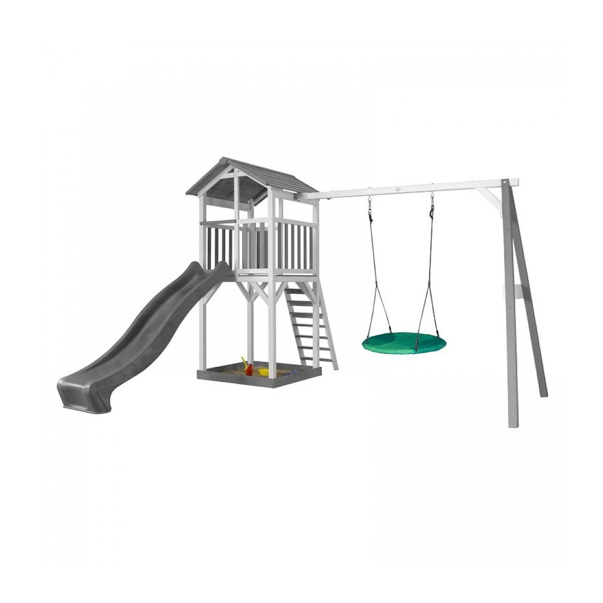 Axi House AXI Structure de jeu Beach Tower avec 1 balancoire siege nid rond Blanc Gris avec Toboggan Gris