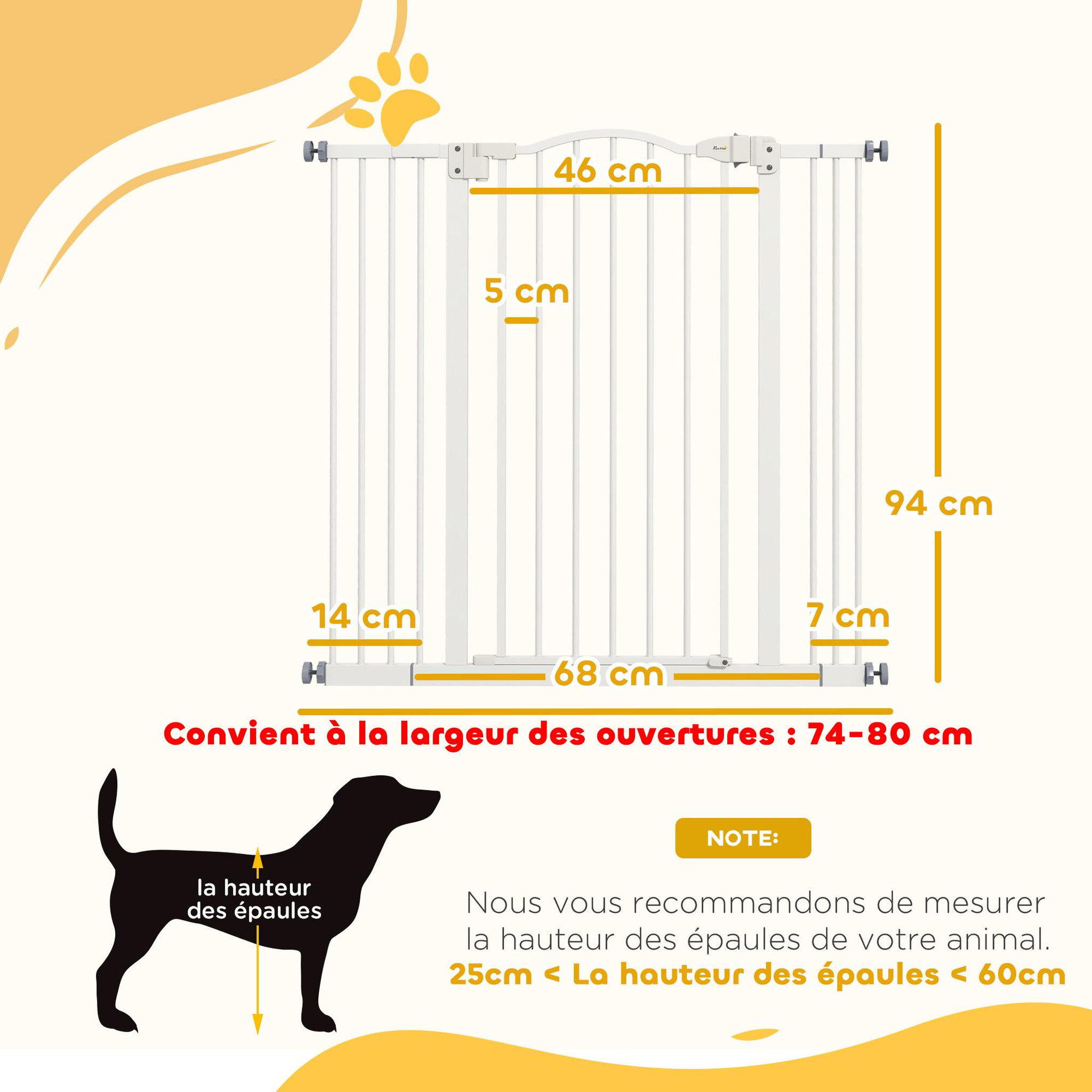 Voir la diapositive 3 : PAWHUT Barrière de sécurité pour chien extensible 74-100 cm, barrière d'escalier à fixation par pression sans percer, double verrouillage, fermeture automatique, hauteur 94 cm, blanc