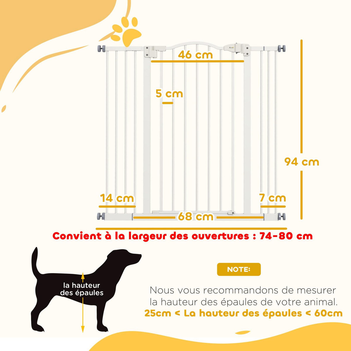 PAWHUT Barrière de sécurité pour chien extensible 74-100 cm, barrière d'escalier à fixation par pression sans percer, double verrouillage, fermeture automatique, hauteur 94 cm, blanc