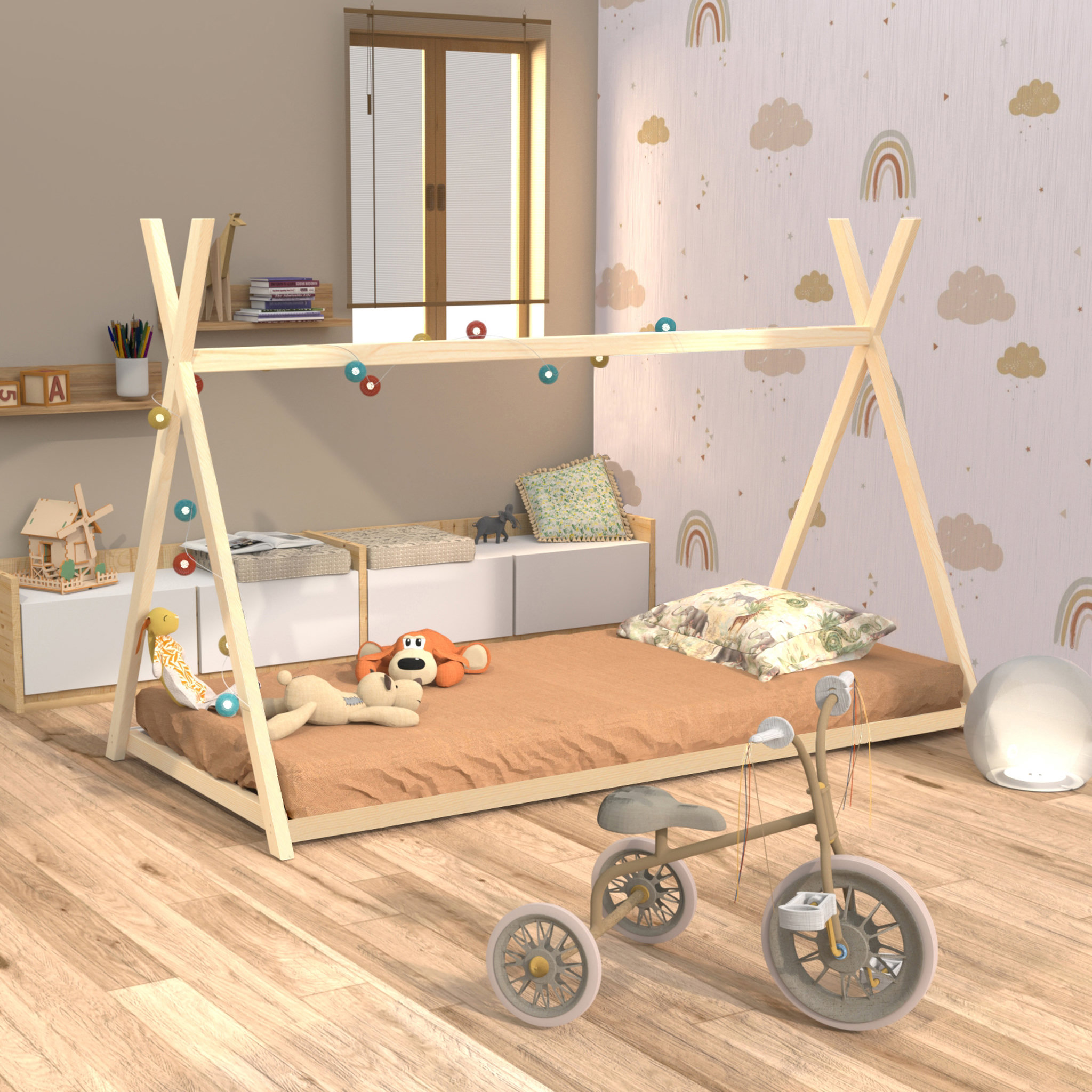 Voir la diapositive 1 : Lit cabane tipi enfant  70x140cm avec sommier APACHE