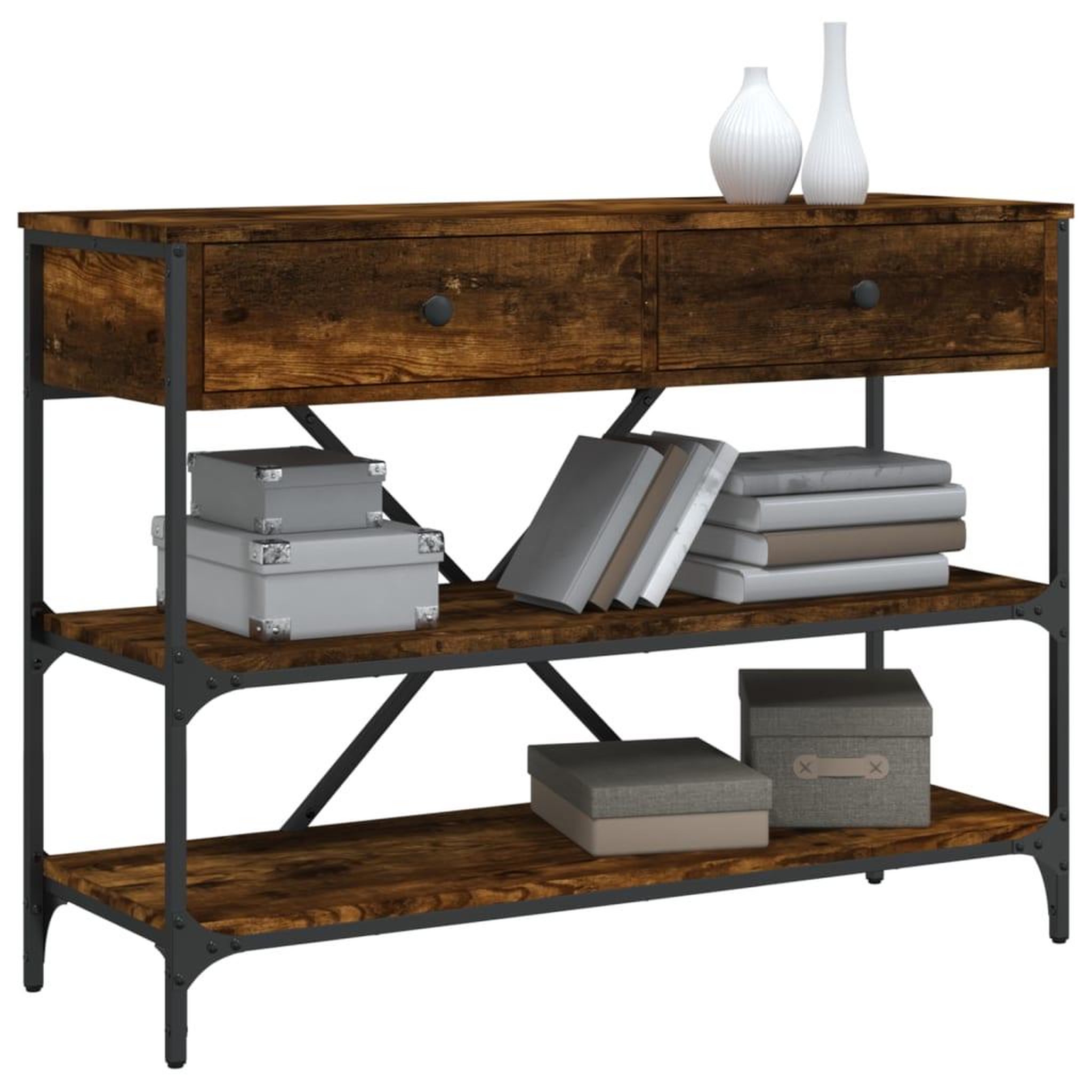 Voir la diapositive 3 : VIDAXL Table console avec tiroirs et etageres chene fume