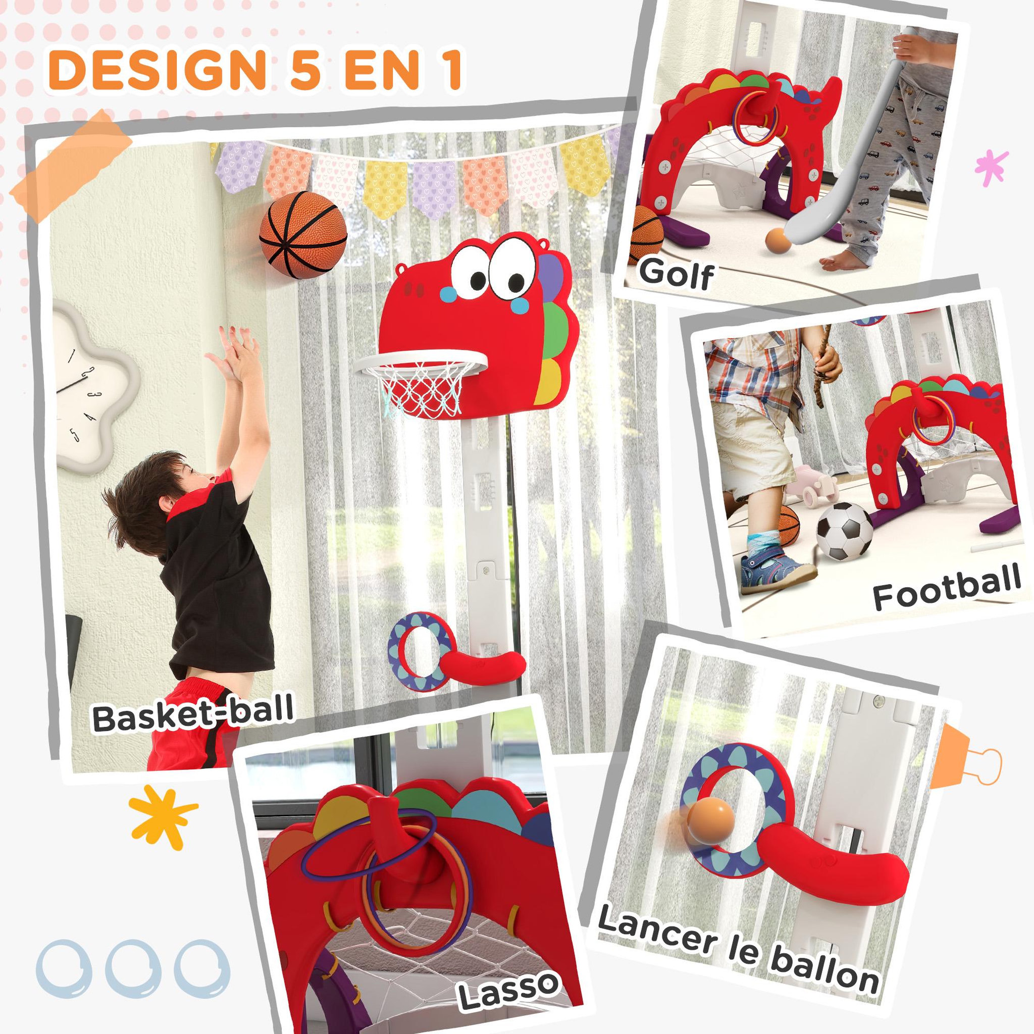 Voir la diapositive 5 : HOMCOM Panier de basket enfant multifonction design dino 3-6 ans - but, golf, 2 jeux de lancer - hauteur réglable - hdpe gris rouge