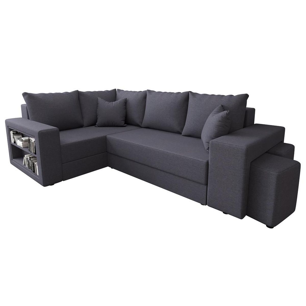BEST MOBILIER Libbie - canapé d'angle gauche 4 places convertible avec coffre, étagère et poufs en tissu