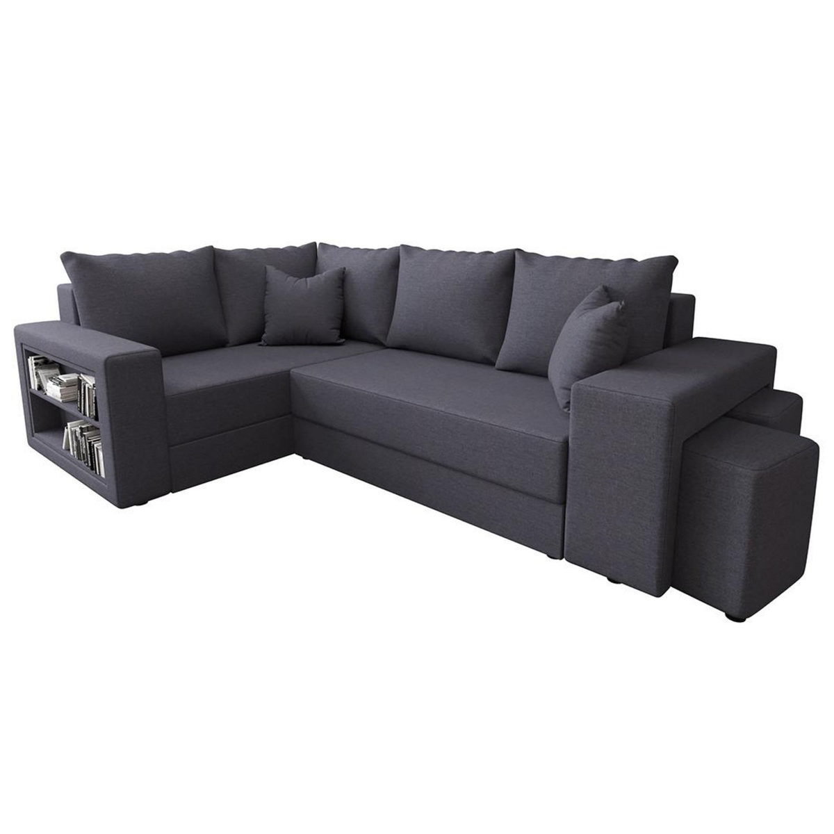 BEST MOBILIER Libbie - canapé d'angle gauche 4 places convertible avec coffre, étagère et poufs en tissu