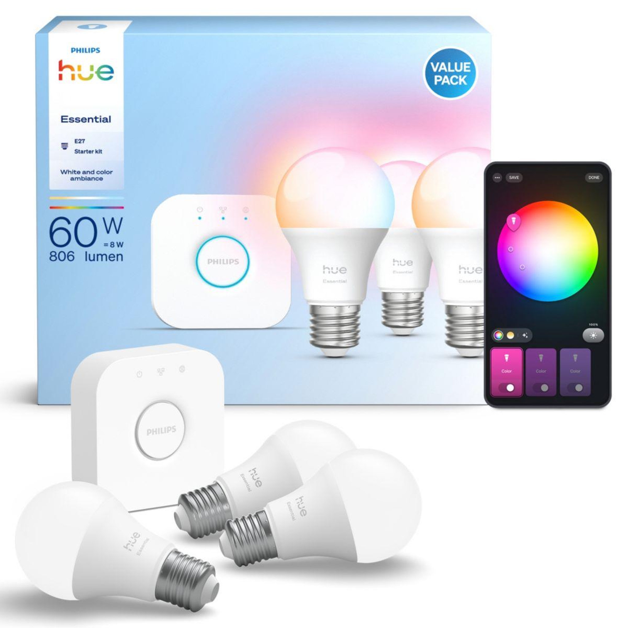 Voir la diapositive 2 : PHILIPS HUE Pack essential-3/e27 white&color a.+pont v2