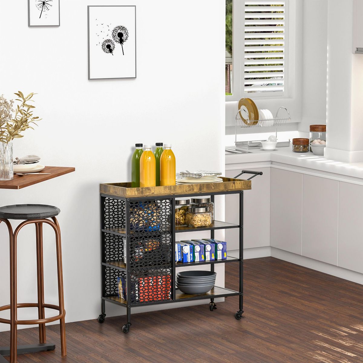 HOMCOM HOMCOM Desserte Vintage style industriel - chariot de service 3 étagères et plateau à rebord - châssis métal noir avec parois ajourées et poignée - MDF aspect bois vieilli
