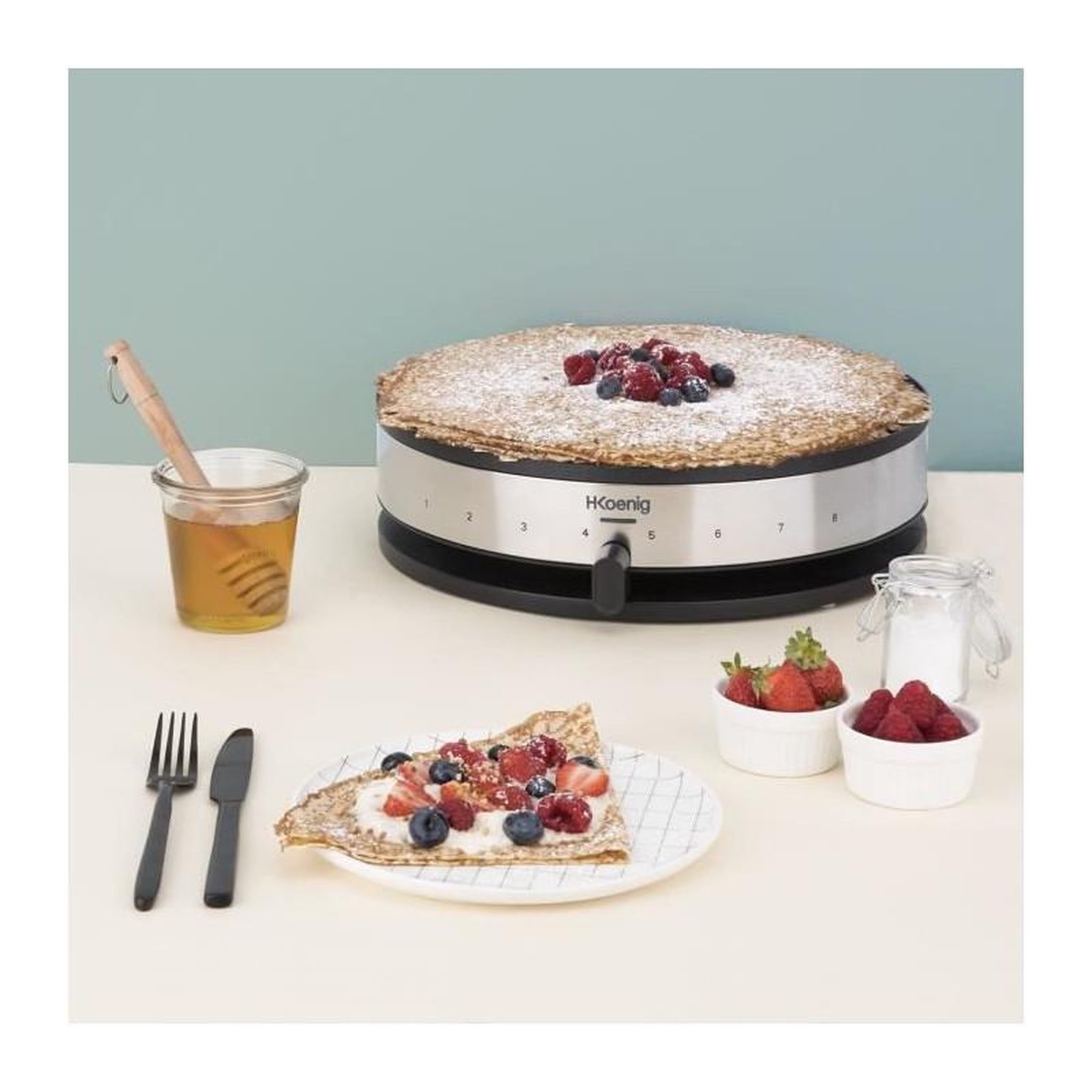 Voir la diapositive 5 : HKOENIG HKoeNIG KREP29 Crepiere 33cm - Temperature jusqua 230?C - 1300W - Revetement anti-adhesif - Temoin de chauffe - Bandeau Inox