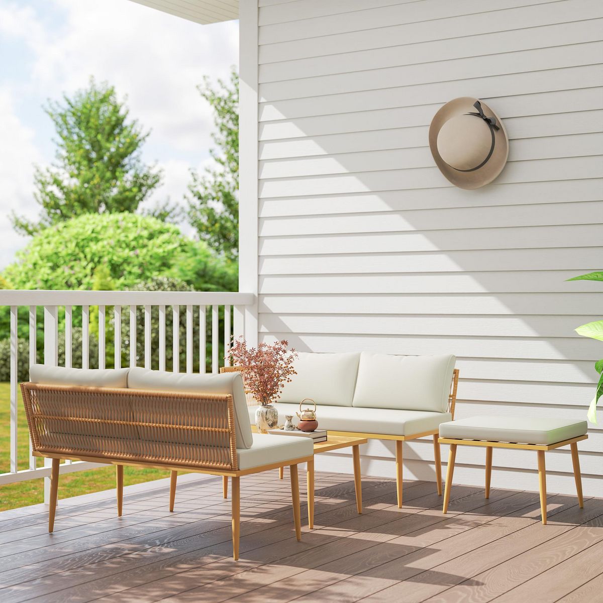 OUTSUNNY Ensemble salon de jardin 5 places modulables avec table basse et coussins résine tressée filaire beige