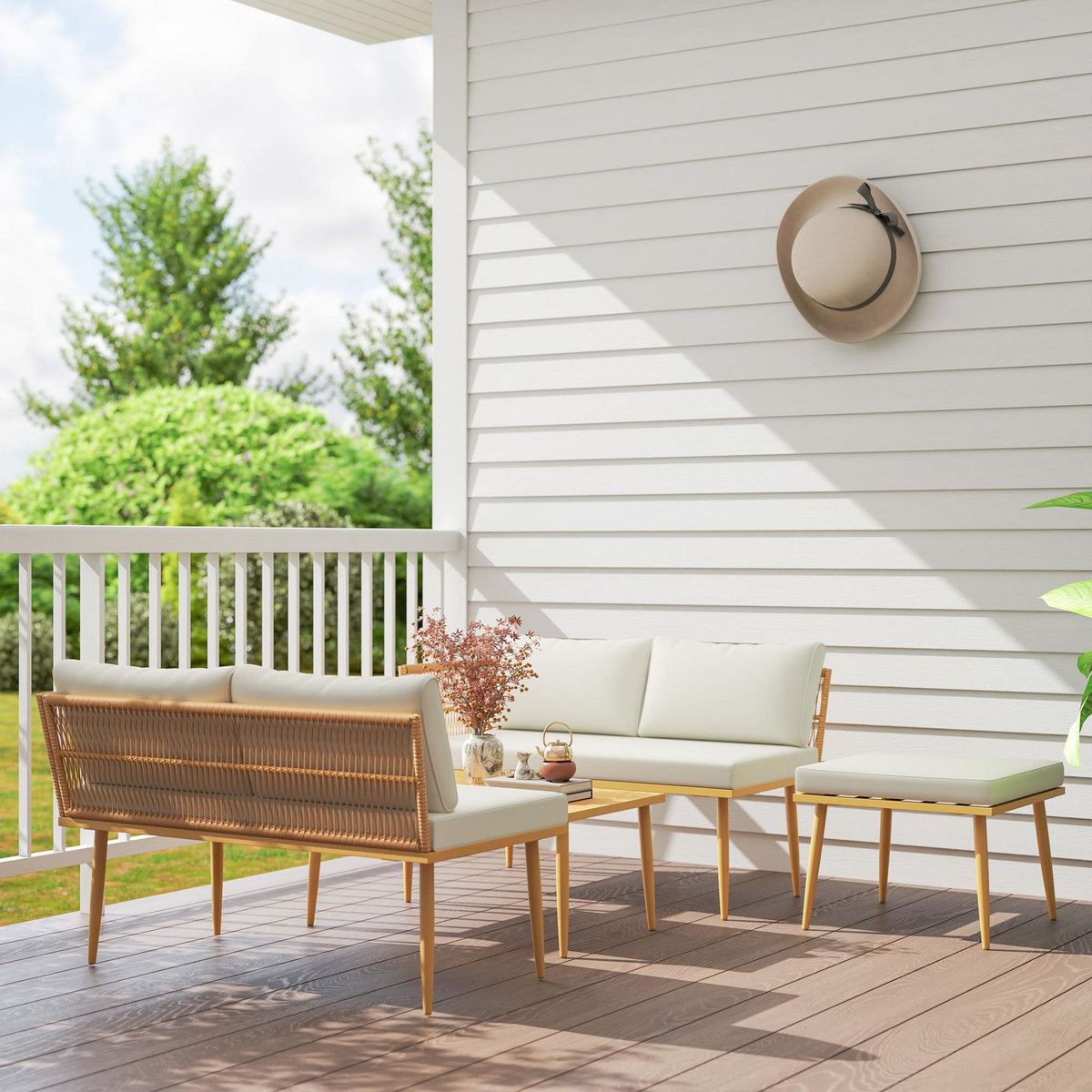 OUTSUNNY Ensemble salon de jardin 5 places modulables avec table basse et coussins résine tressée filaire beige