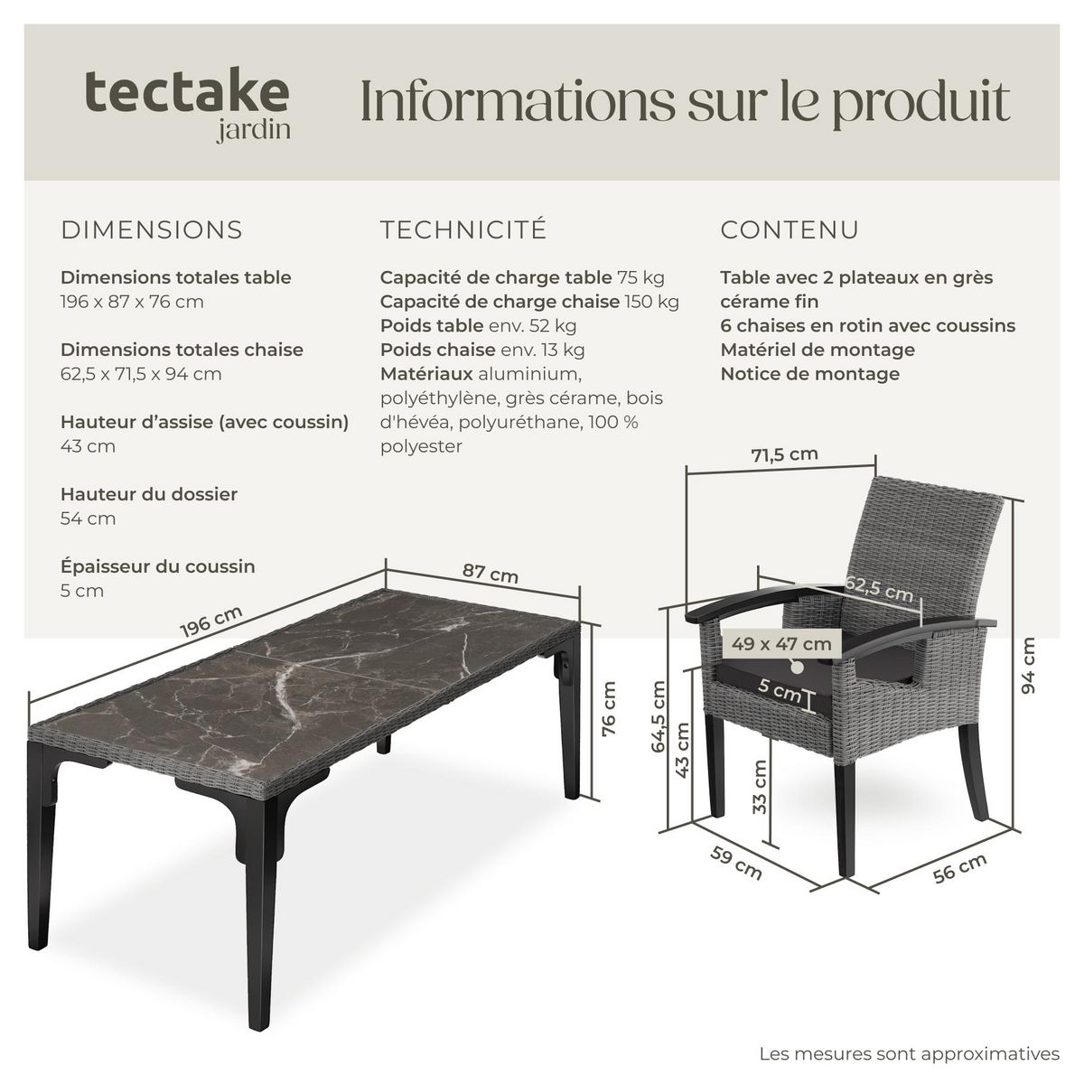 tectake Ensemble table en rotin avec 6 chaises avec cadre solide gris