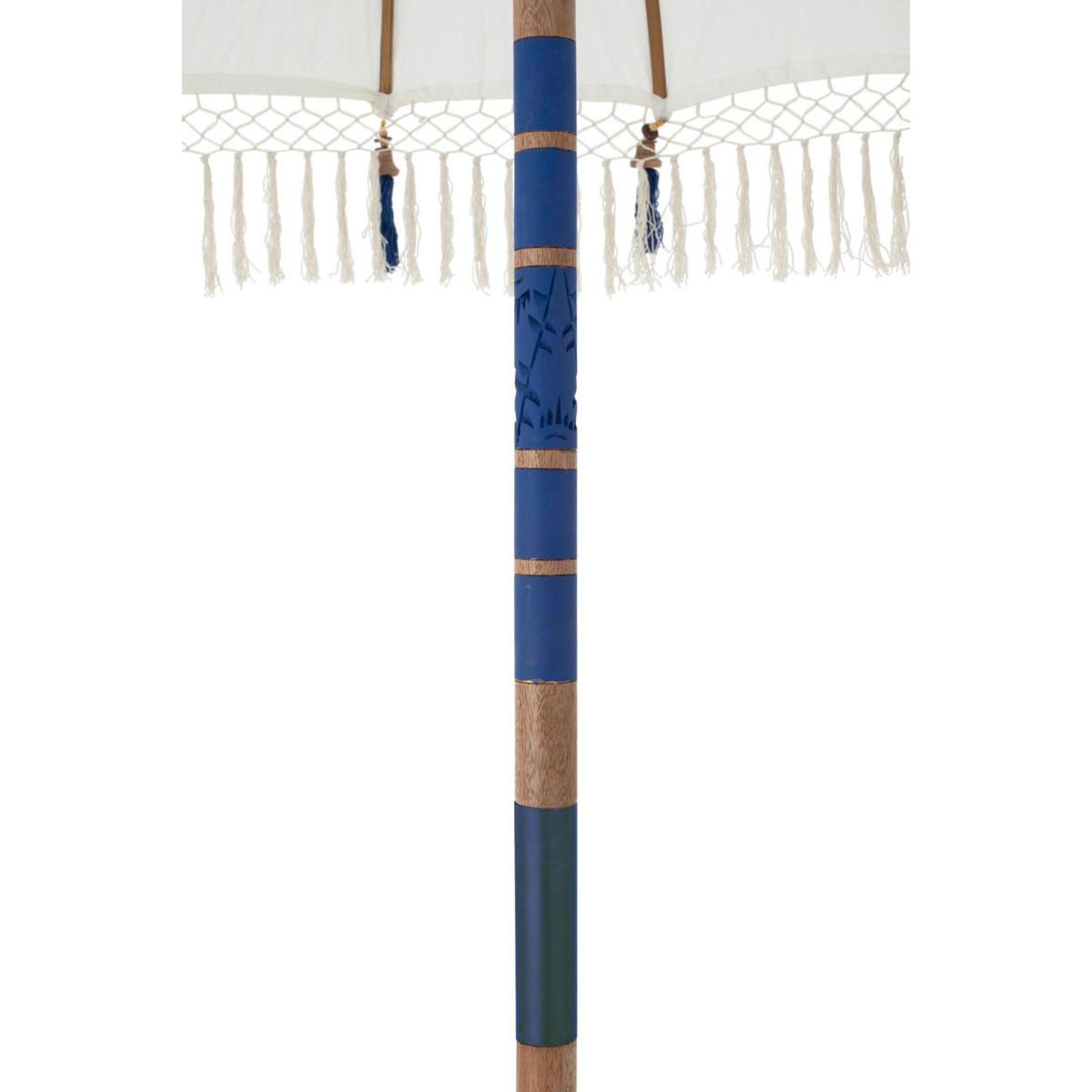 Voir la diapositive 5 : J-LINE Parasol rond à franges  flavie  180cm écru & bleu