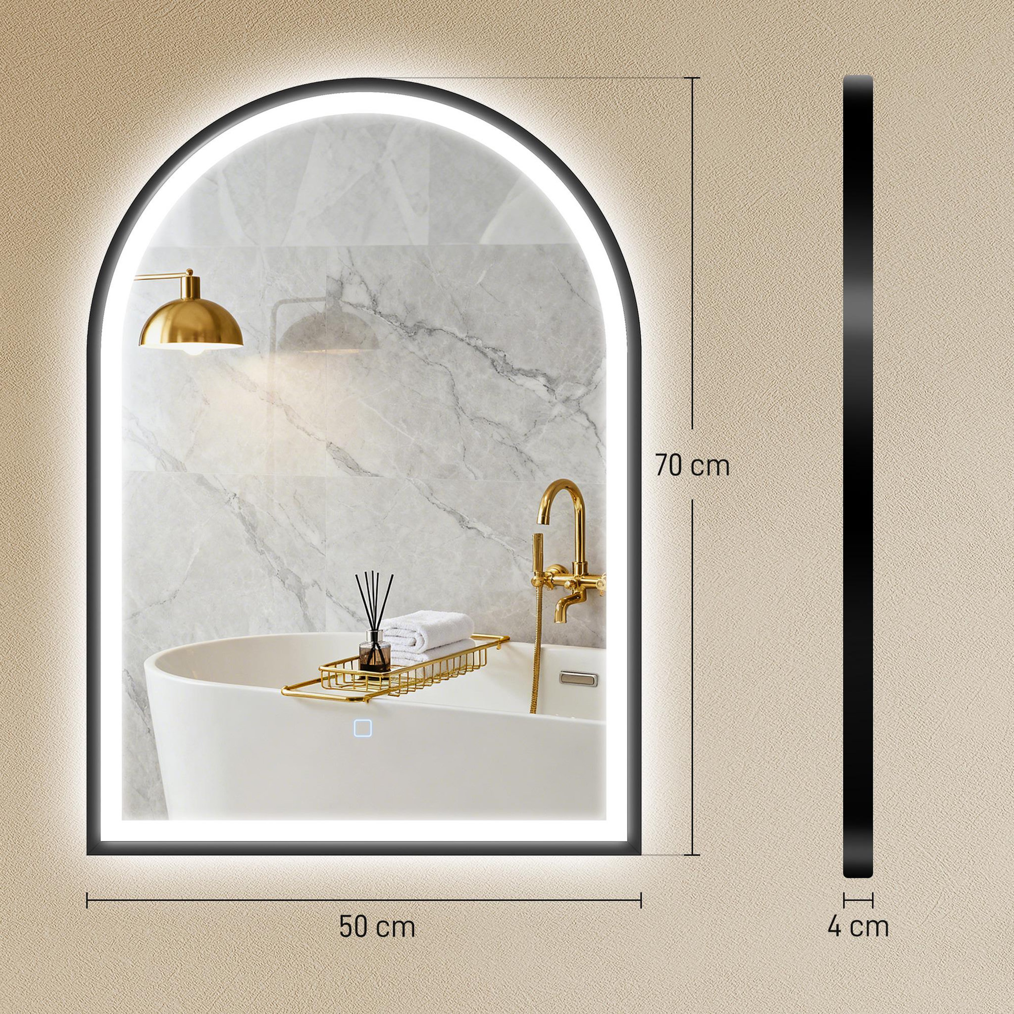 Voir la diapositive 3 : HOMCOM Miroir salle de bain led design arche 50 x 70 cm anti-buée dimmable tactile réglable verre trempé alu noir