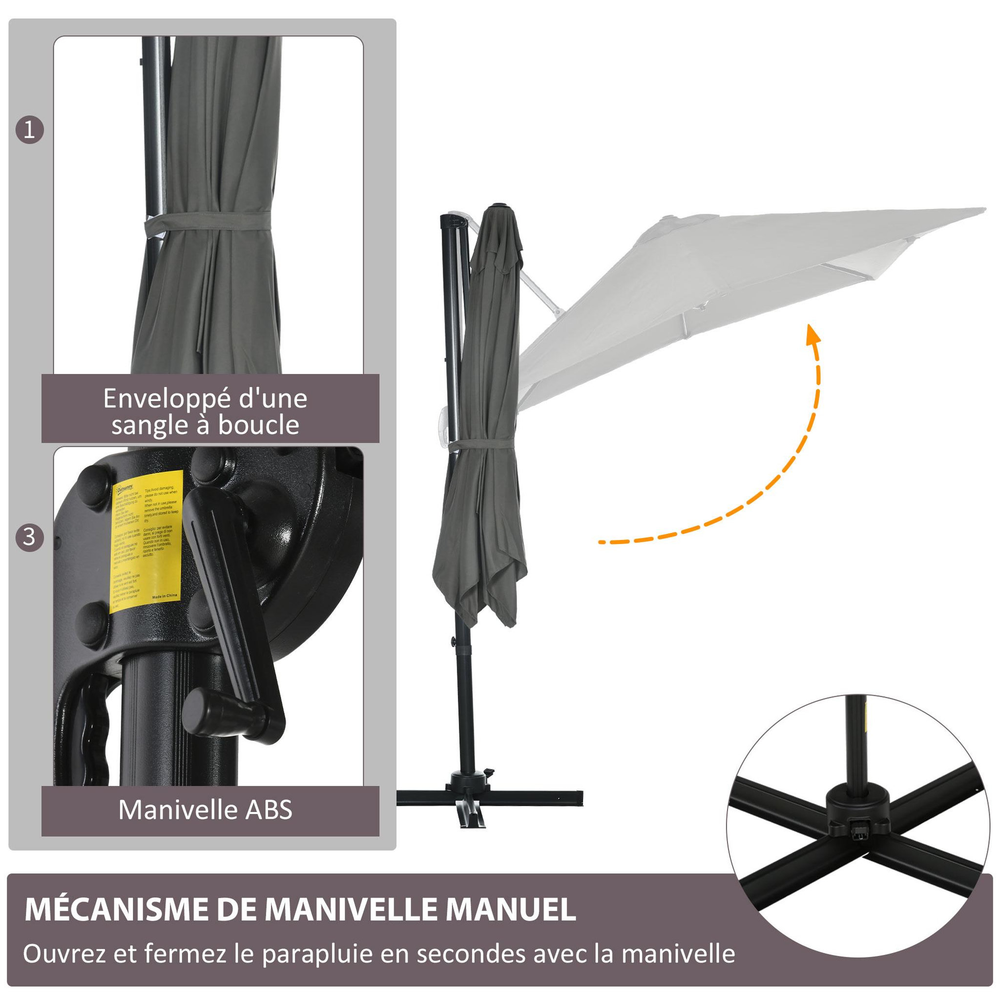 Voir la diapositive 6 : OUTSUNNY Parasol déporté carré inclinable manivelle avec pied en acier dim. 2,45L x 2,45l x 2,45H m métal alu. polyester haute densité gris