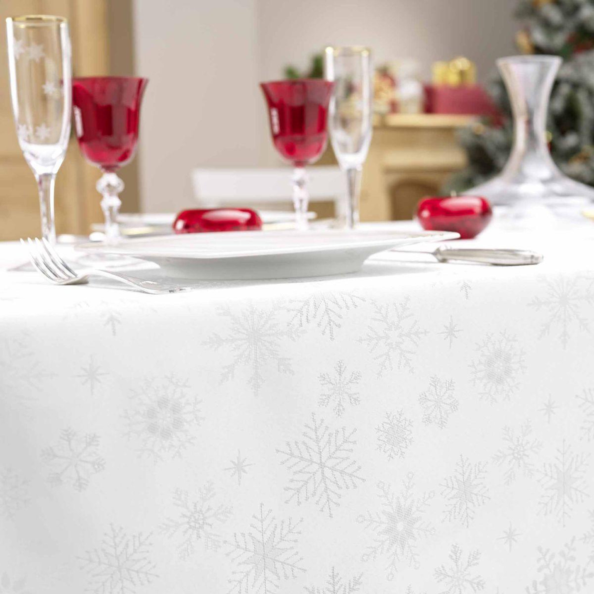 Voir la diapositive 2 : Douceur d'Intérieur Nappe jacquard imprimé  flocons  140x300cm blanc